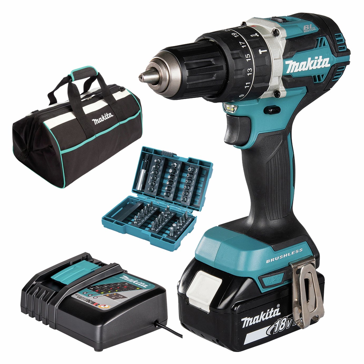 Makita Combi Drill Kit & Accessory Set - 18V