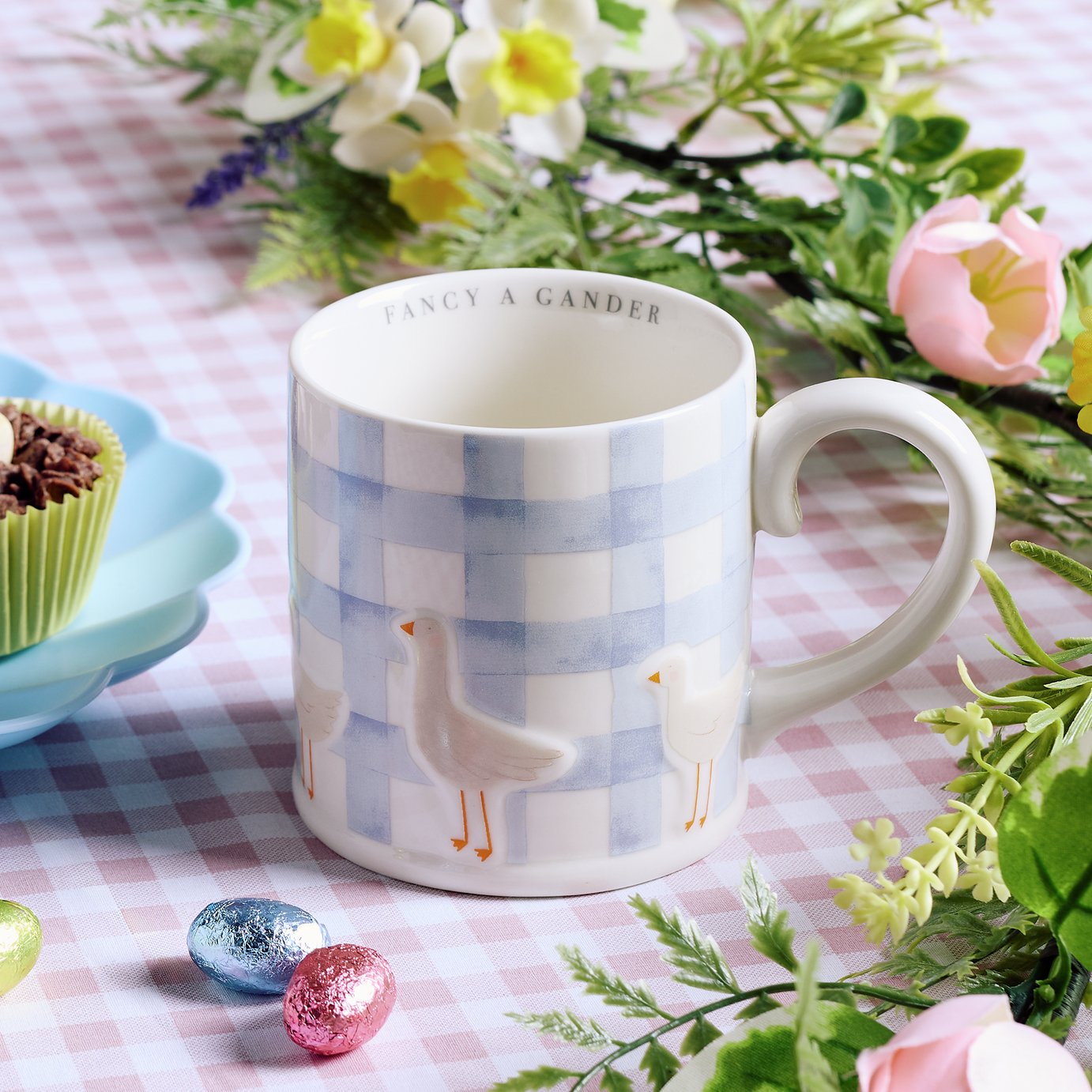 Argos Home Light Blue Gingham Check Geese Mug