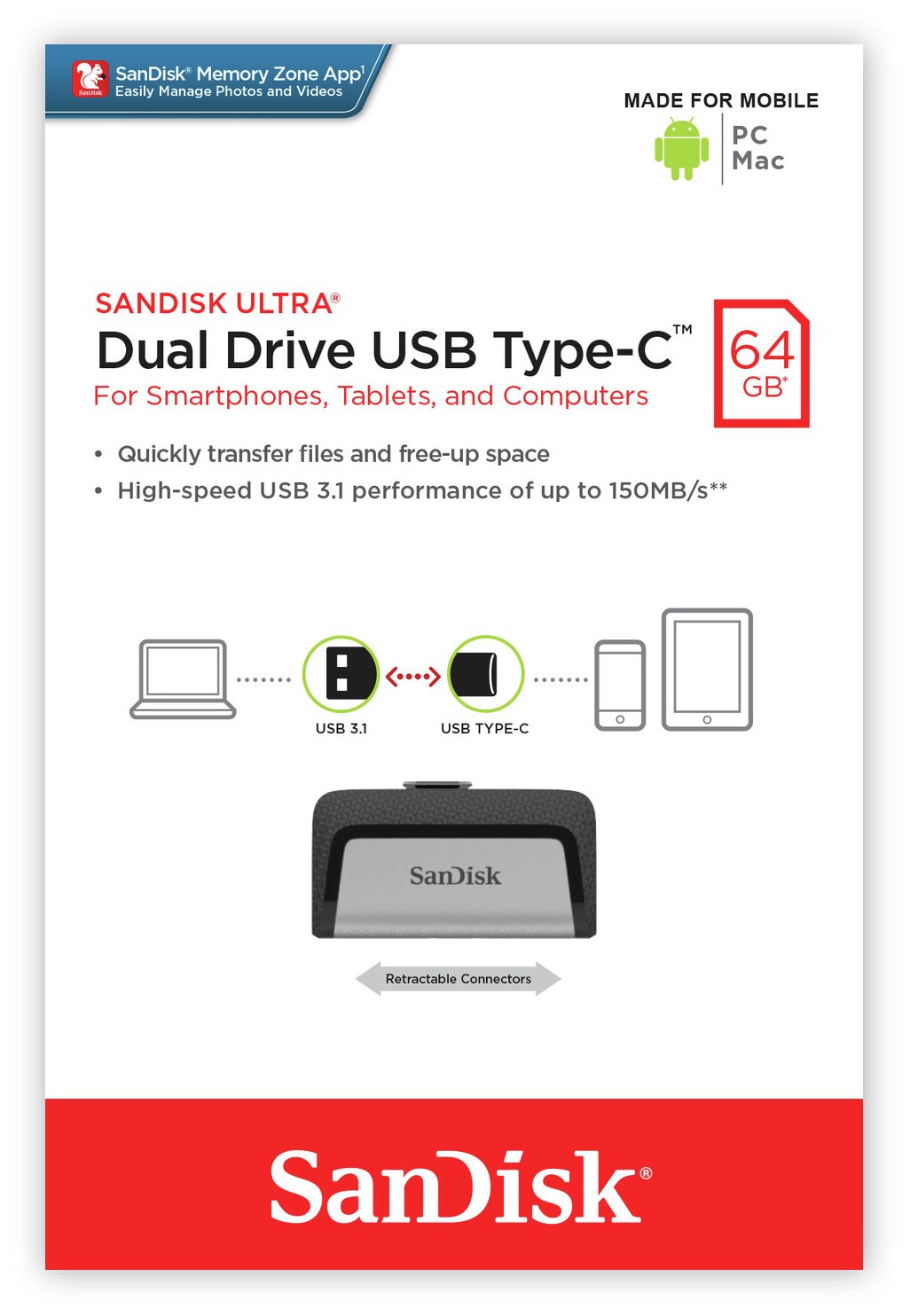 SanDisk Ultra Dual Drive USB 3.1 Type-C Flash Drive - 64GB