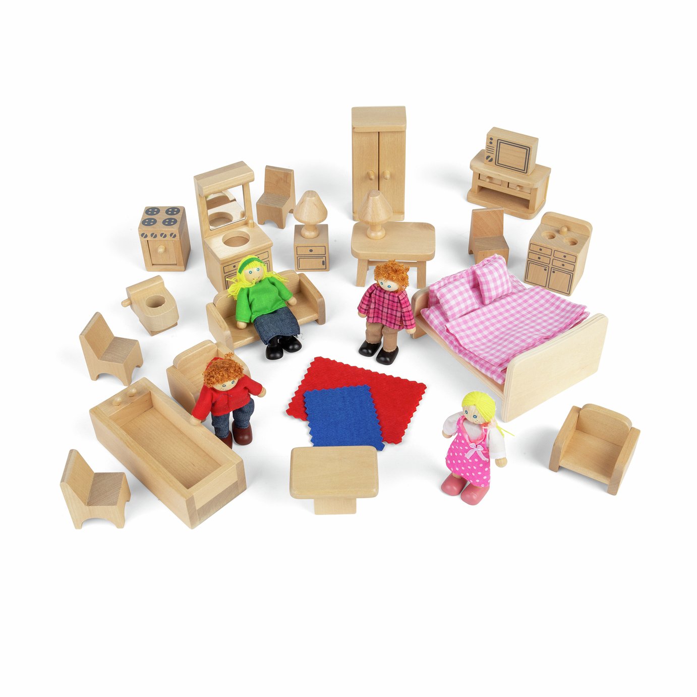 BIGJIGS Toys Wooden Doll Family and Furniture Set