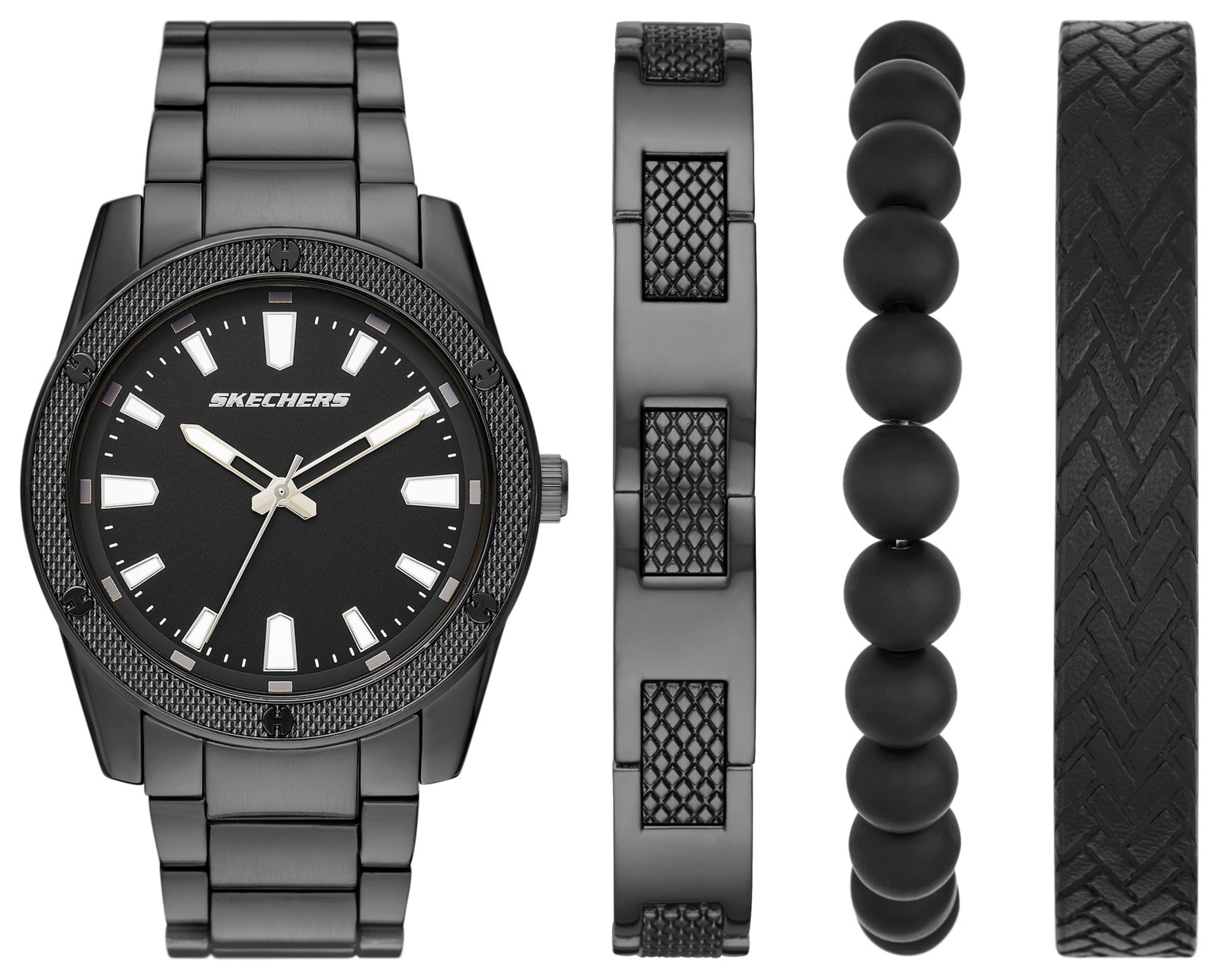 Skechers Mens Black-Tone Watch with Knurling Bracelet Set