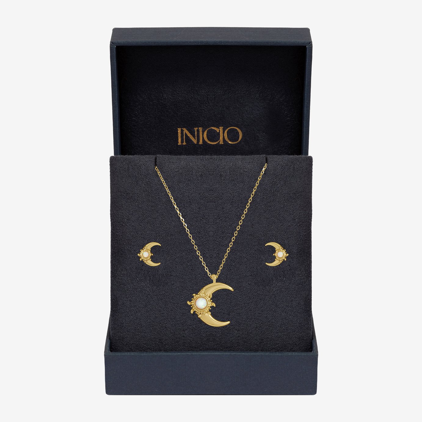 Inicio Gold Plated Opal Moon Pendant & Earrings Gift Set
