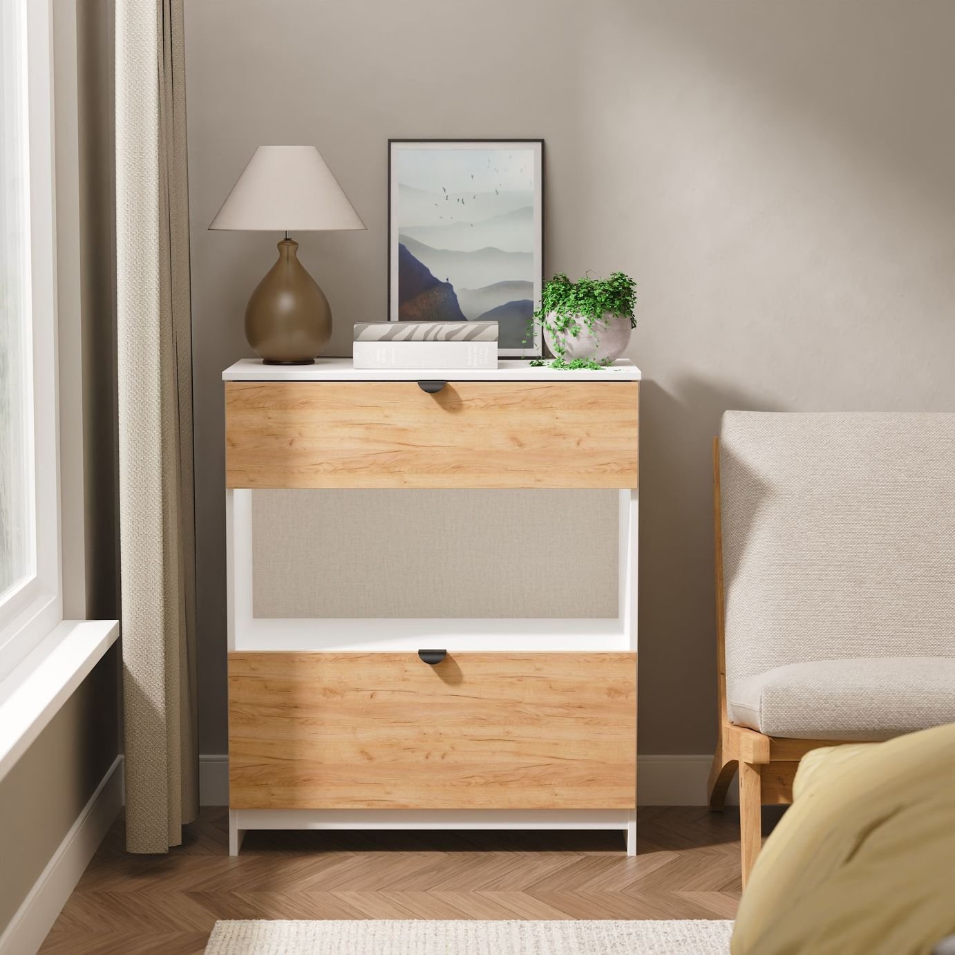 Livara Ready Assembled Canmore 2 Drawer Chest - White & Oak