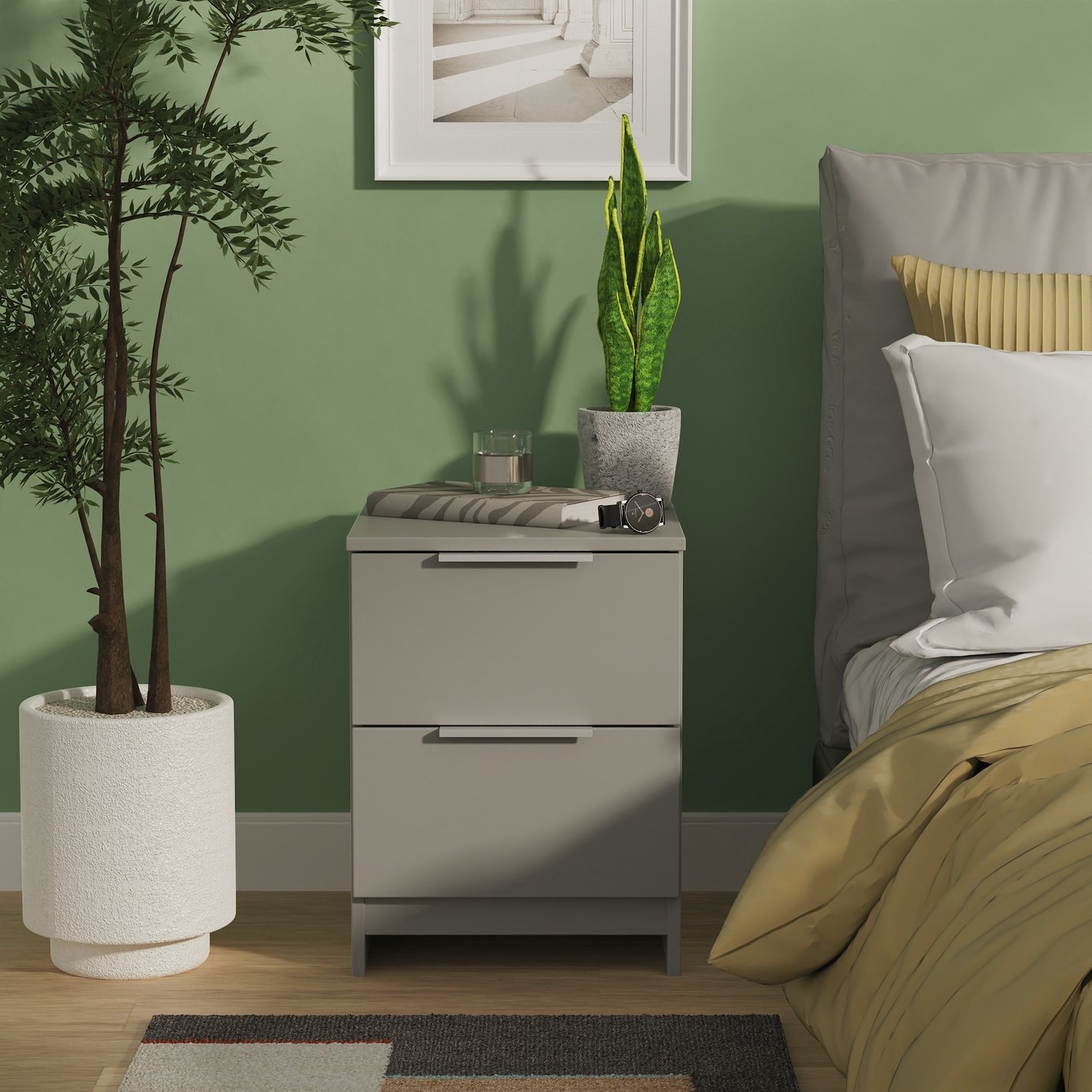 Livara Ready Assembled Orillia 2 Drawer Bedside Table - Grey