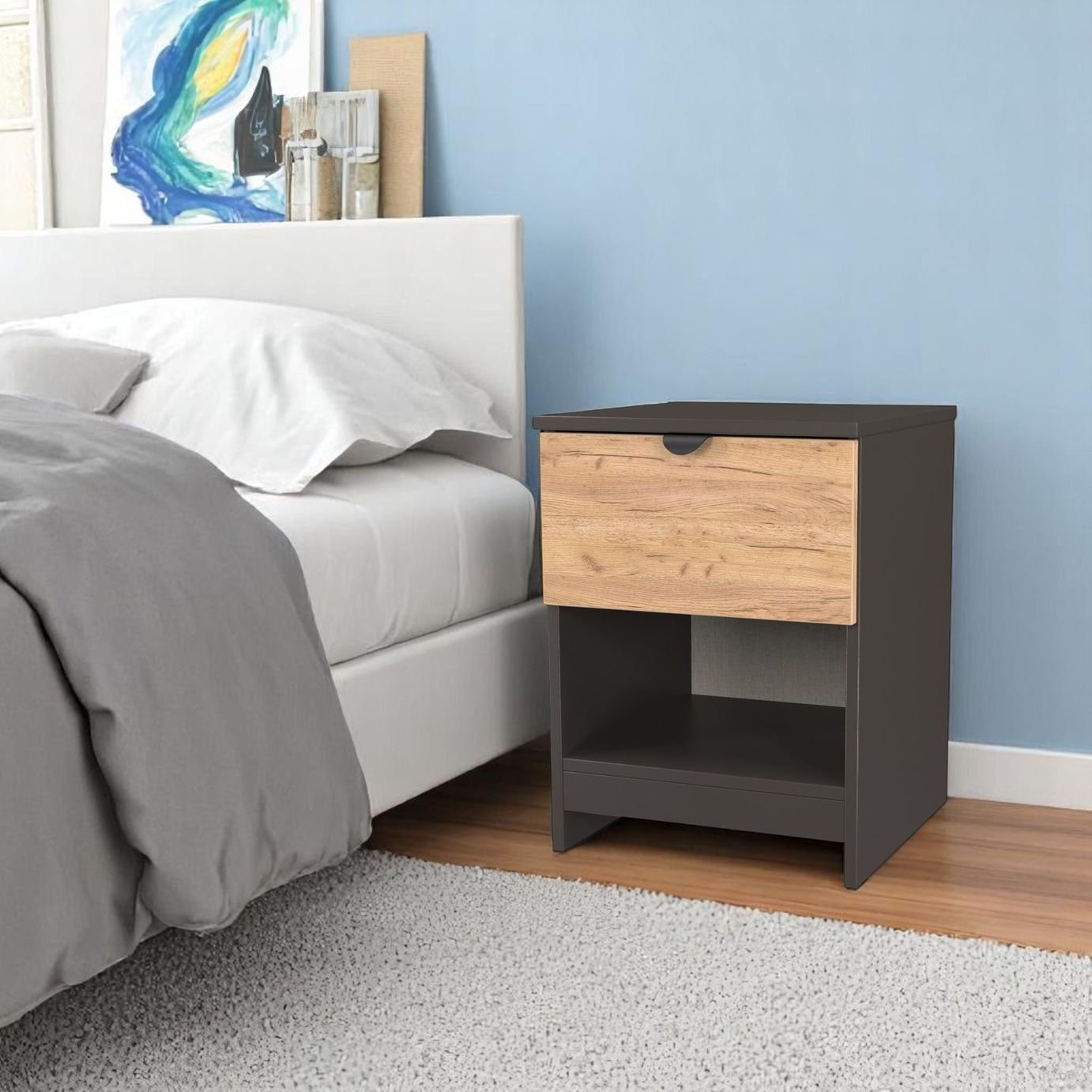 Livara Ready Assembled Canmore Bedside Table -Graphite & Oak