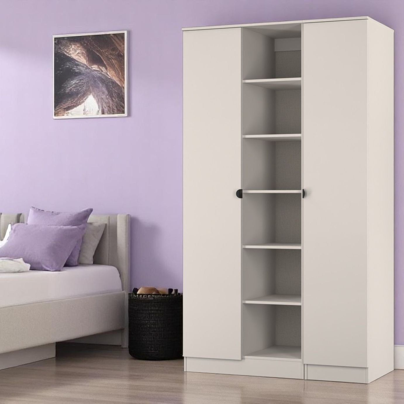 Livara Ready Assembled Canmore 2 Door Shelf Wardrobe -Beige