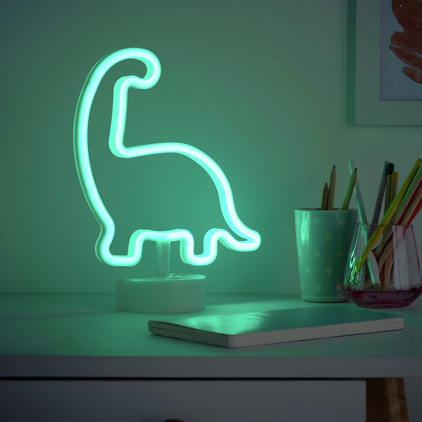 Glow Neon Effect Dinosaur LED Kids Table Lamp - White