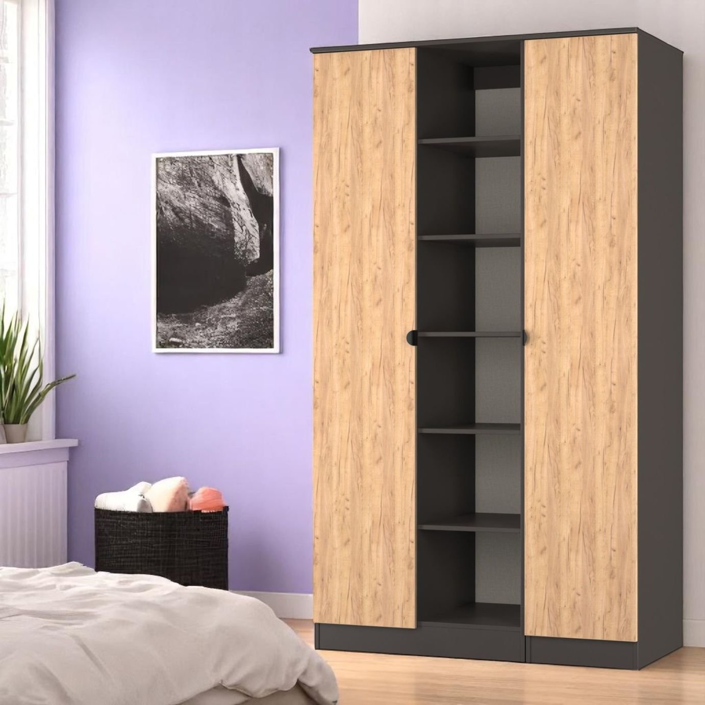 Livara ReadyAssembled Canmore 2 Door Shelf Wardrobe-BlackOak