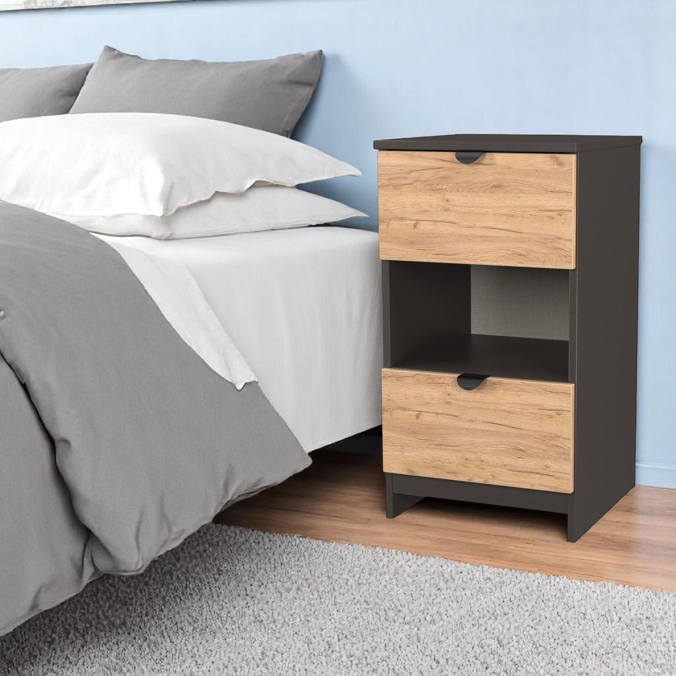 Livara Ready Assembled Canmore Bedside Table -Graphite & Oak