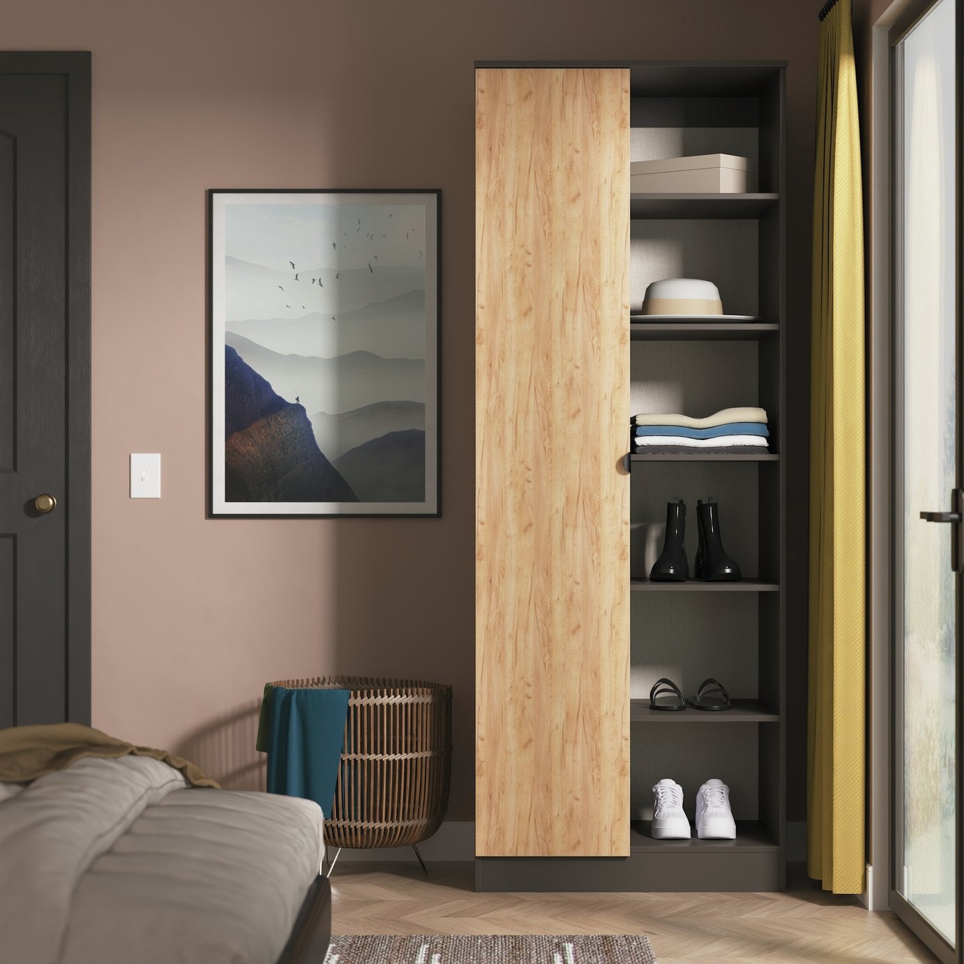 Livara ReadyAssembled Canmore 1 Door Shelf Wardrobe-BlackOak