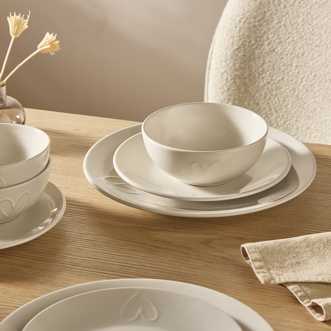Argos Home Embossed Heart 12Piece Stoneware Dinner Set-Cream