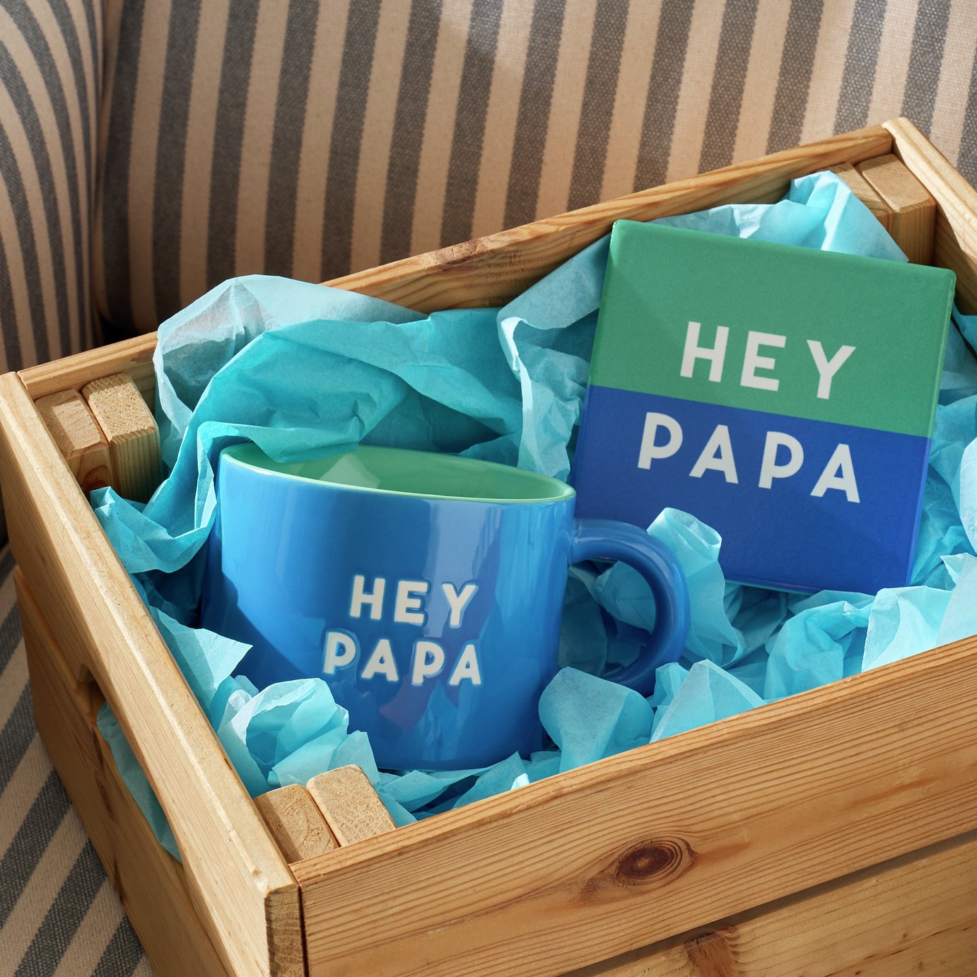 Argos Home Hey Papa Text Decal Blue Ceramic Mug with Coaster