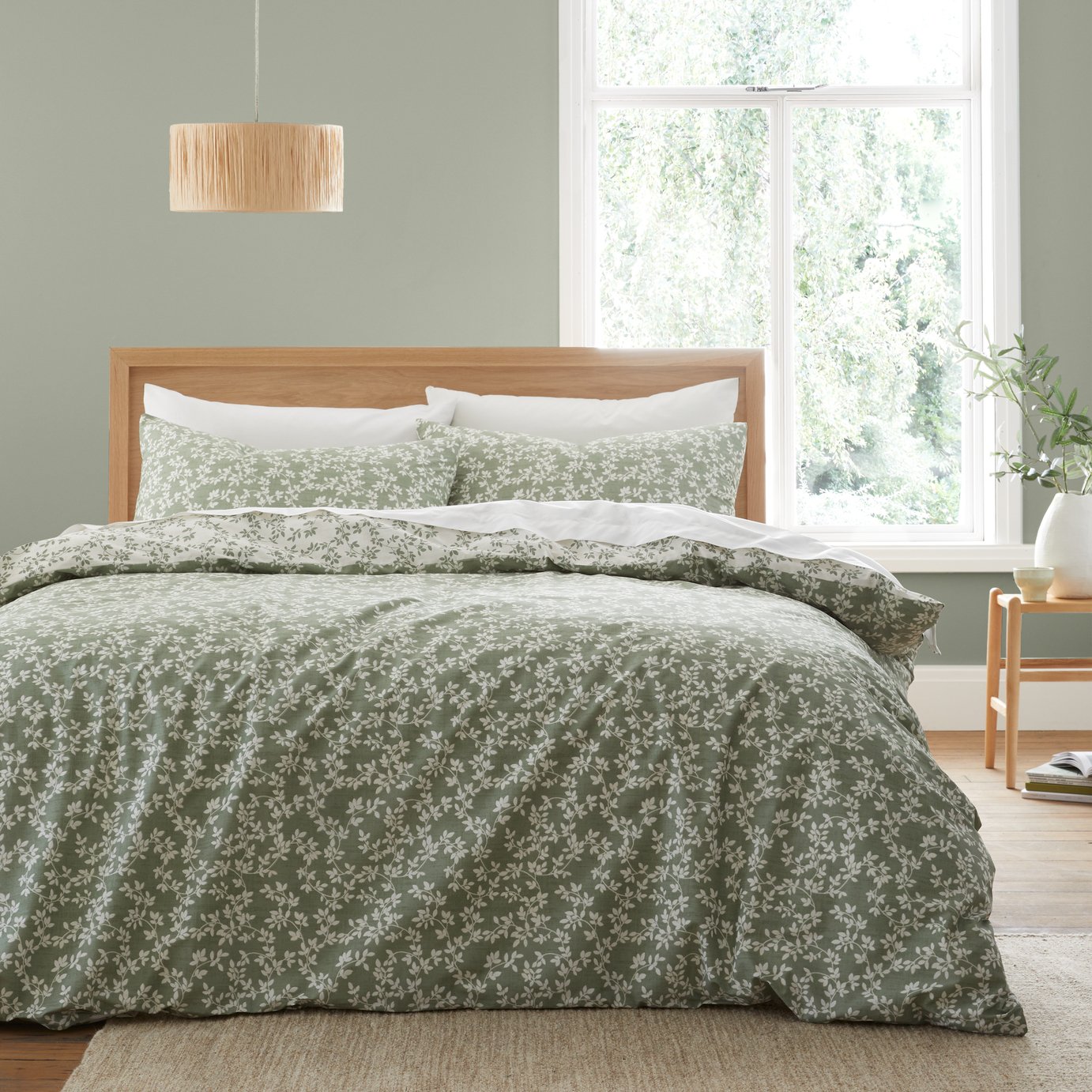 Bianca Cotton 200 TC Shadow Leaves Green Bedding Set- Double