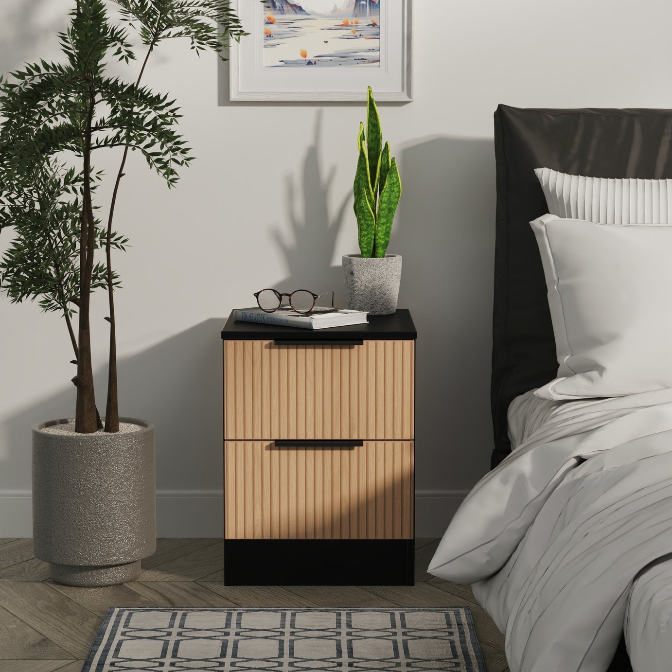 Livara Ready Assembled Tofino Bedside Table - Black & Oak