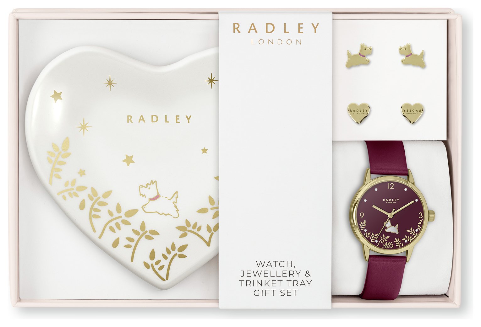 Radley Cranberry Leather Watch, Earring & Trinket Tray Set