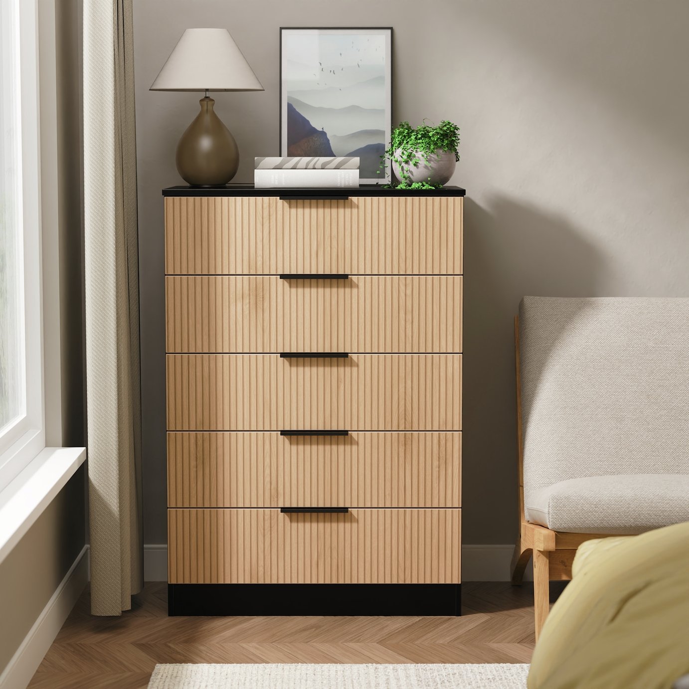 Livara Ready Assembled Tofino 5 Drawer Chest - Black & Oak