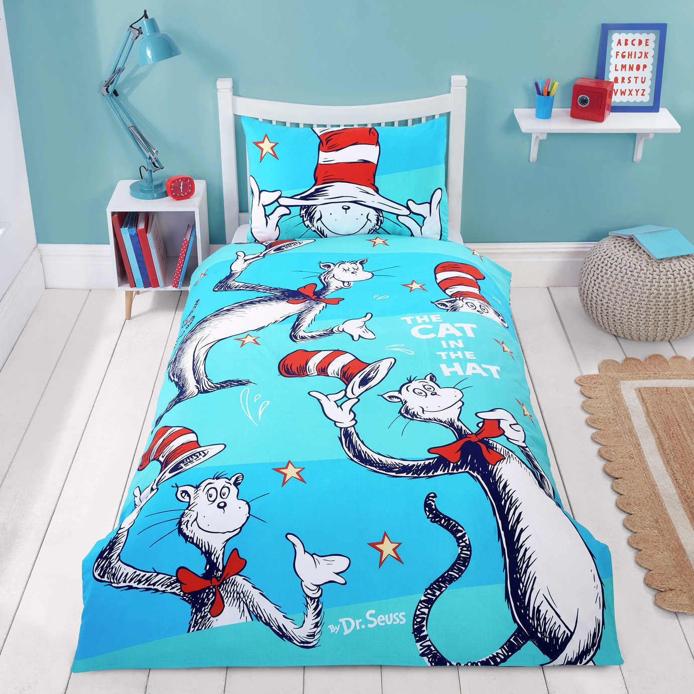 Dr Seuss Cat in Hat Kids Light Blue Bedding Set - Single