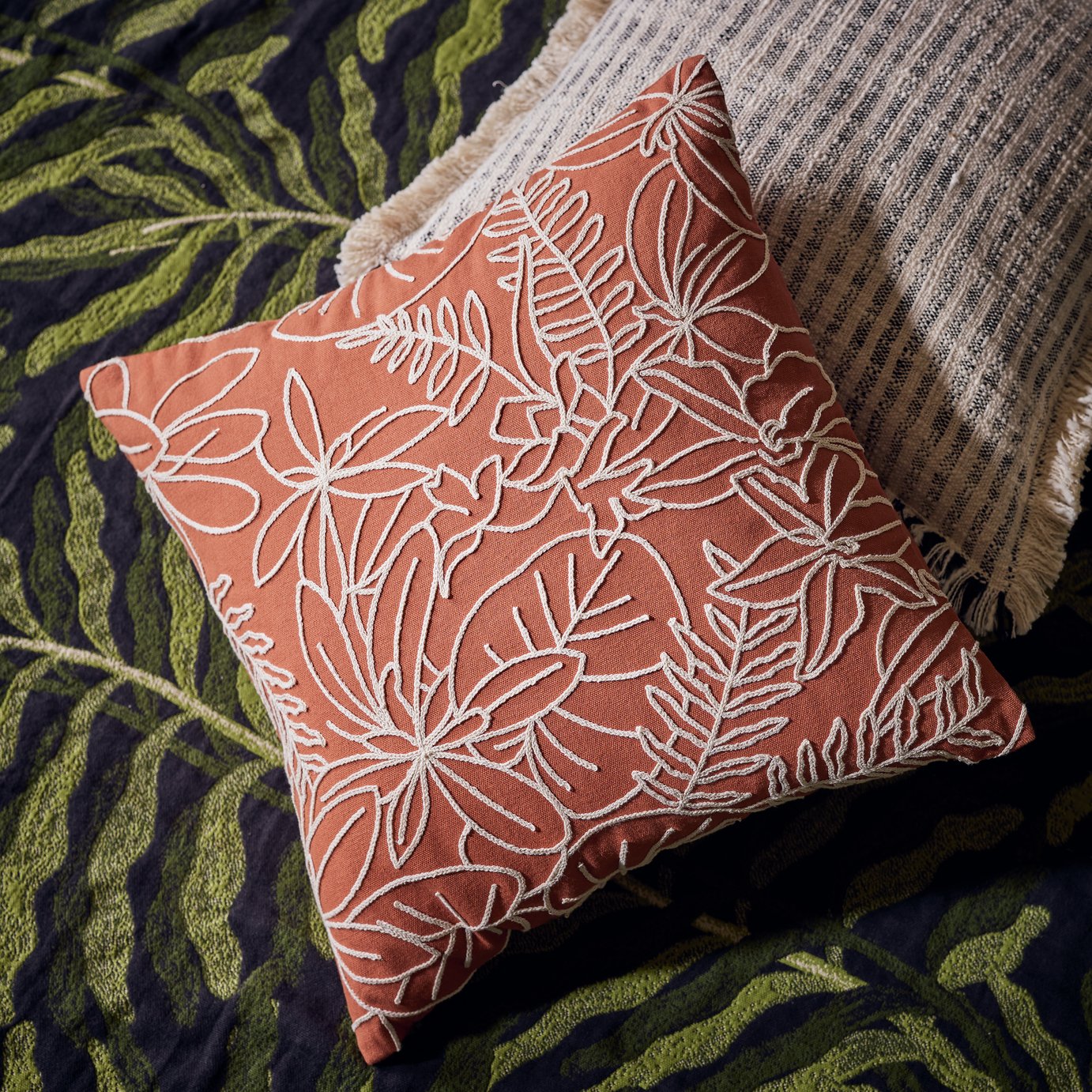 Habitat Crewel Foliage Outline Cushion Orange - 43x43cm