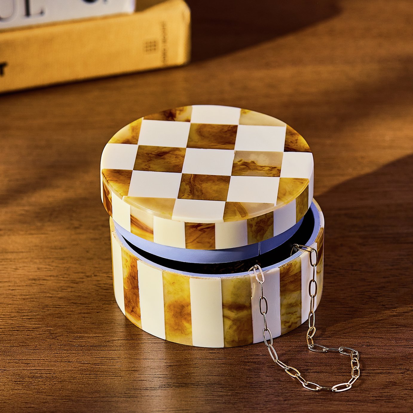 Habitat Checkered Round Trinket Box - Brown & Cream