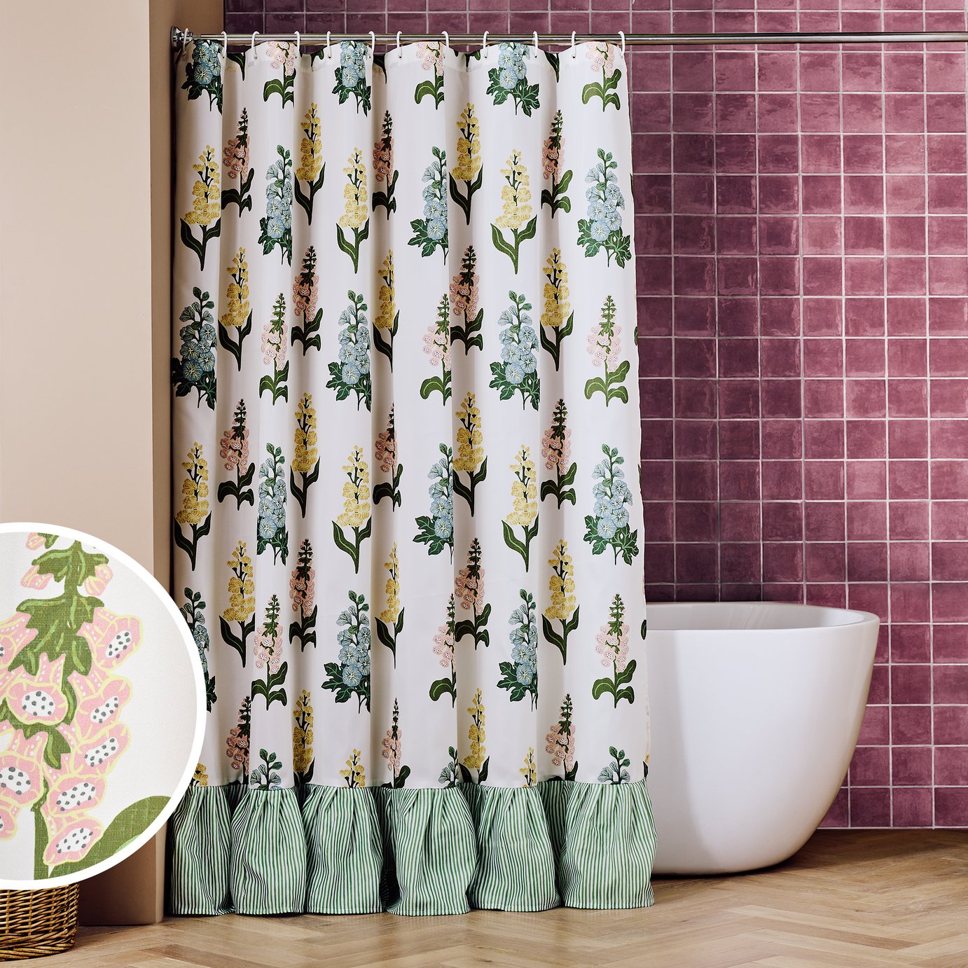 Argos Home Country Floral Shower Curtain with Frill - Green