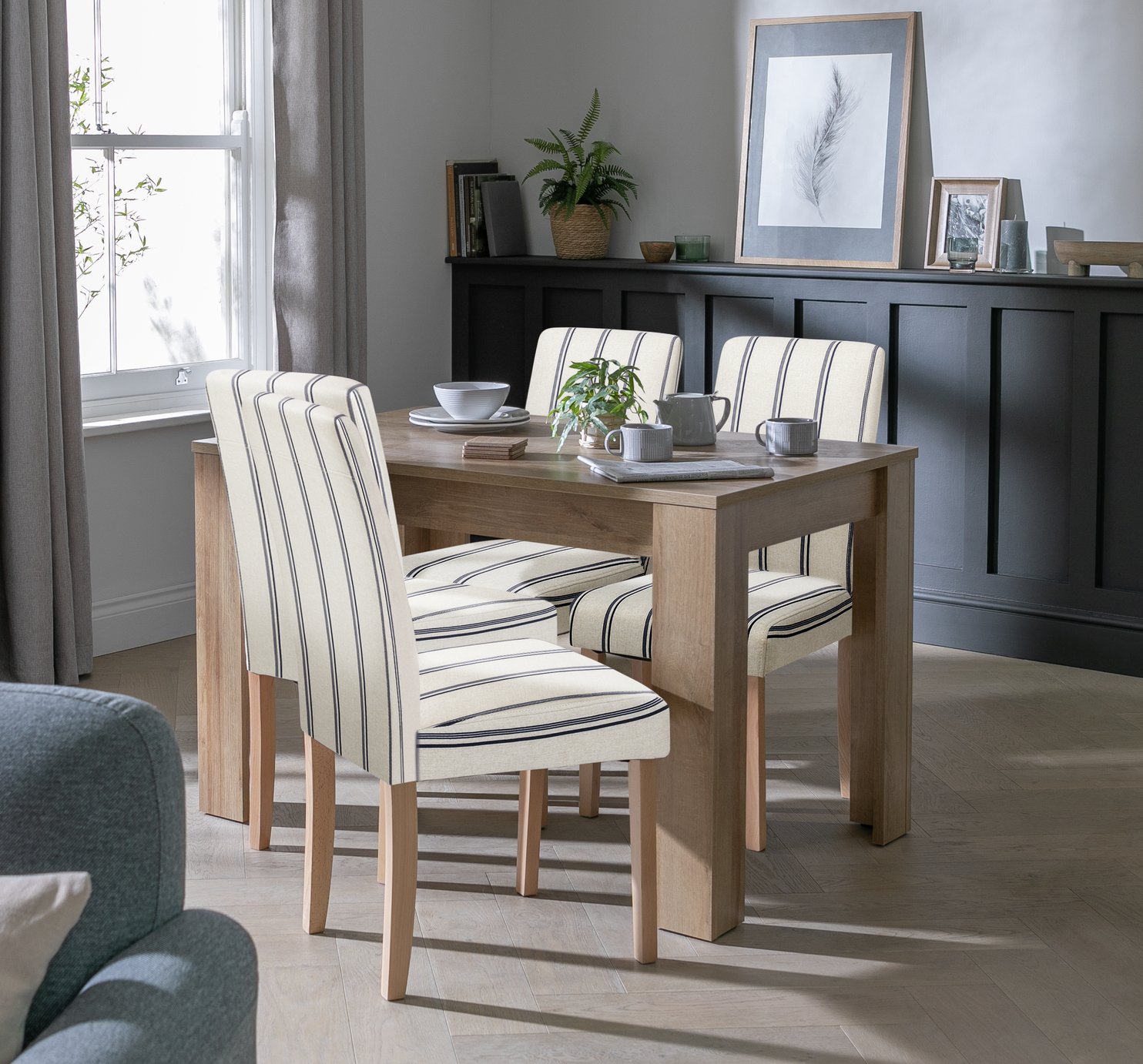 Argos Home Miami Oak Dining Table & 4 Blue Stripe Chairs