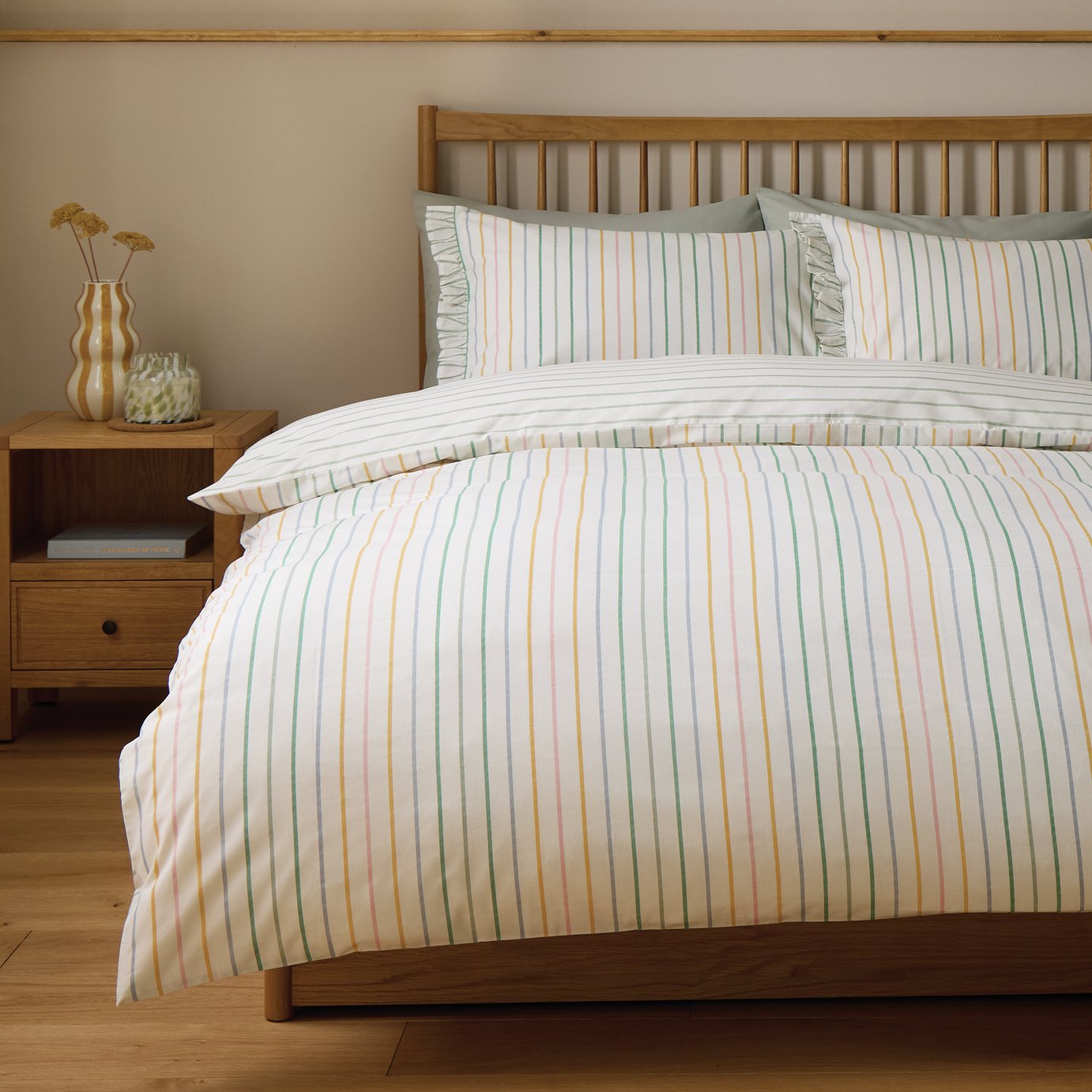 Habitat Multi Stripe Ruffle White Bedding Set