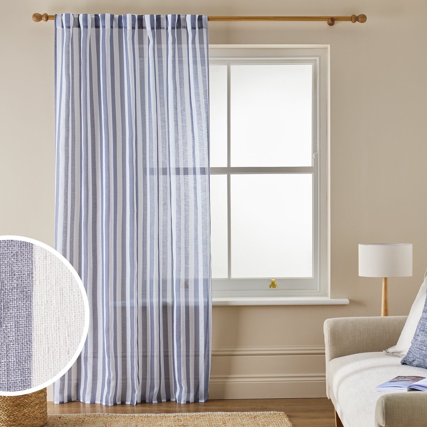 Argos Home Stripe Tab Top Sheer Voile Curtain - Blue - 140x229cm