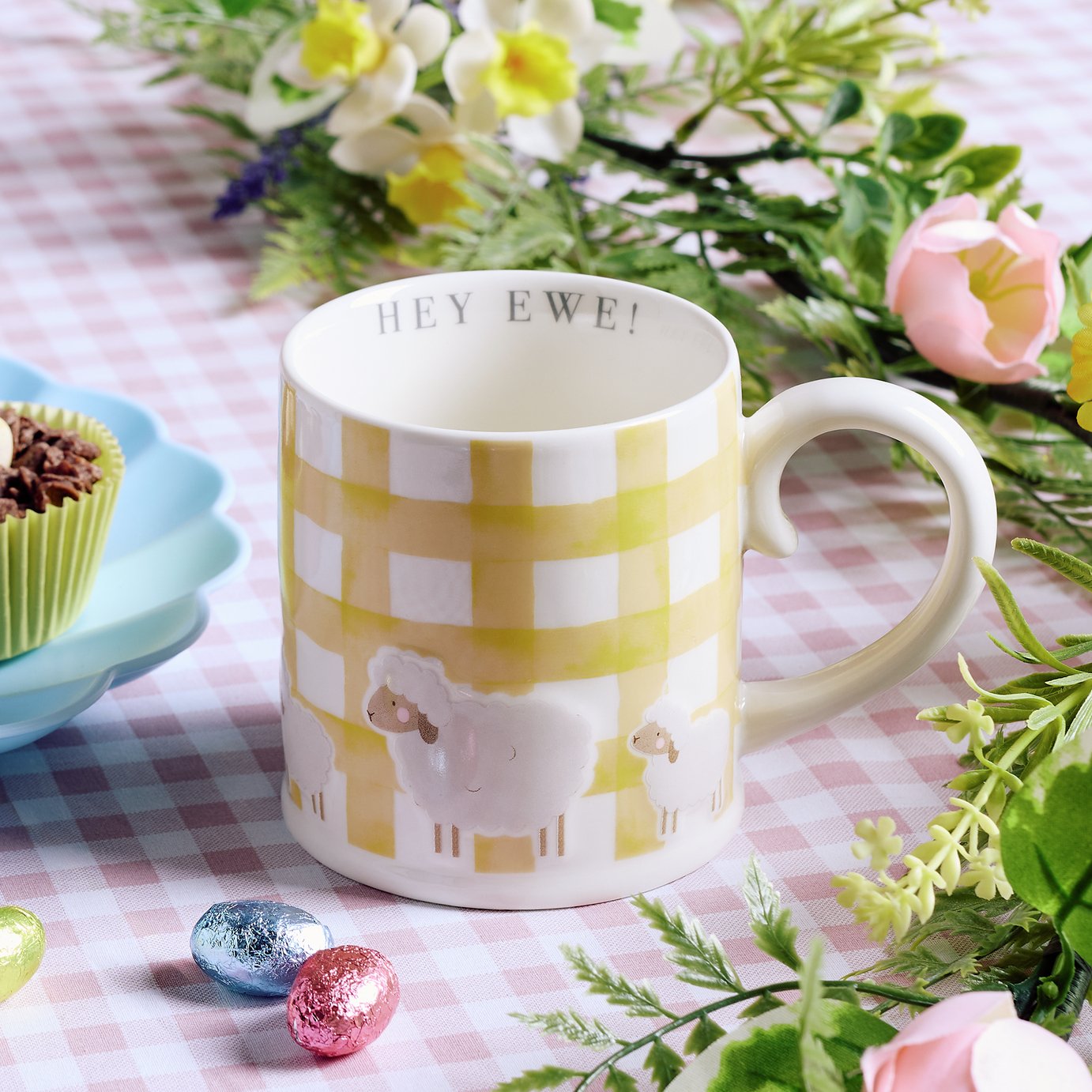 Argos Home Yellow Gingham Check Sheep Mug