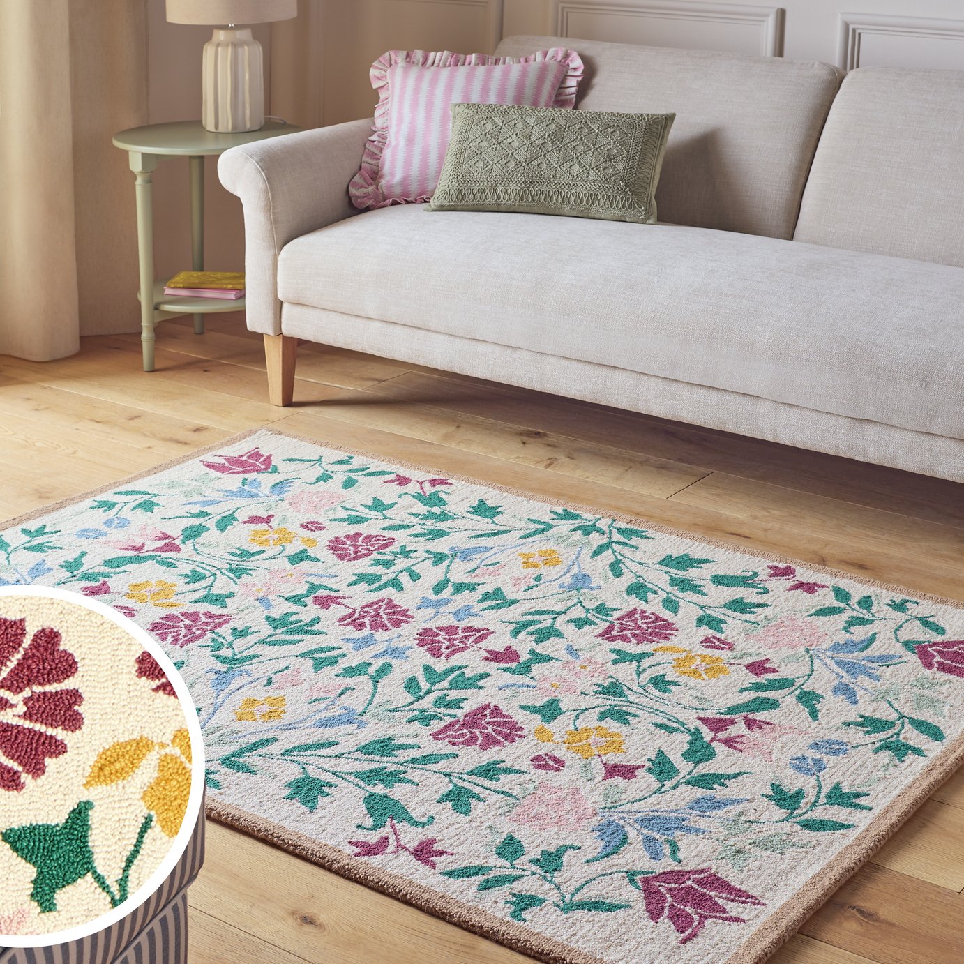 Argos Home Country Floral Cream Wool Cut Pile Rug