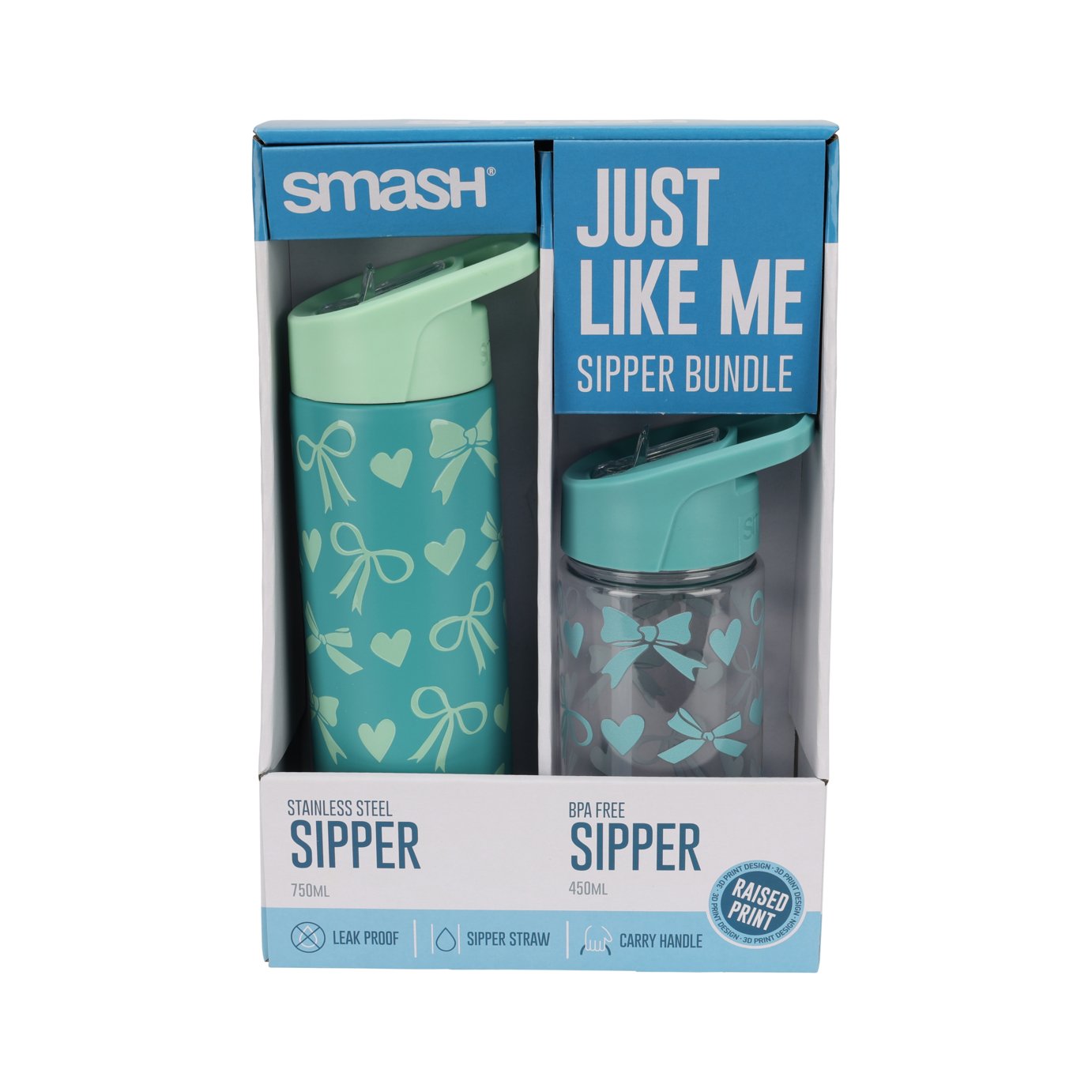Smash Mint Green Hearts & Bows Sipper Water Bottle Set