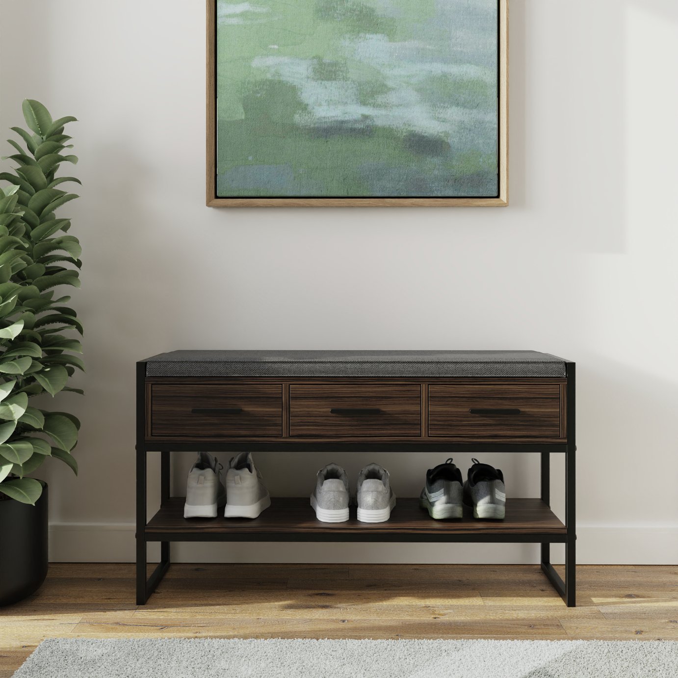 GFW Quinn 3 Drawer Shoe Bench - Walnut