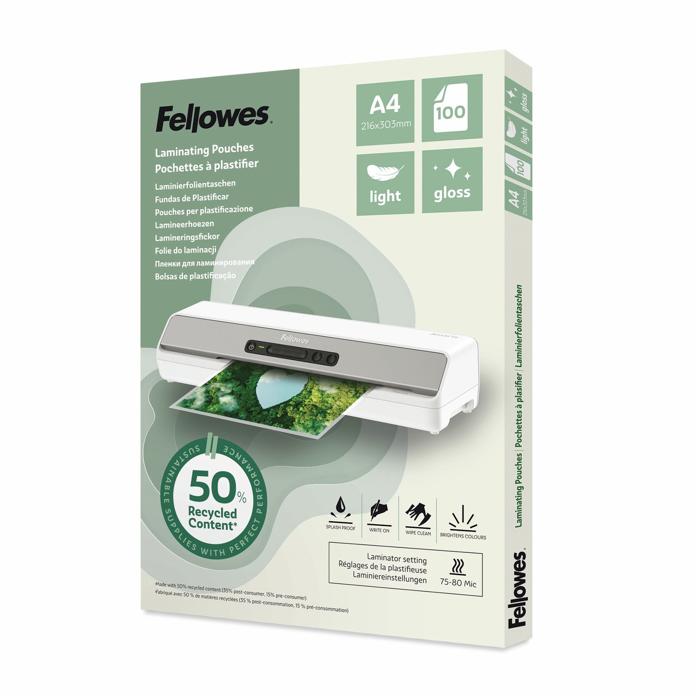 Fellowes A4 Laminating Pouches Gloss Light Duty Pack of 100