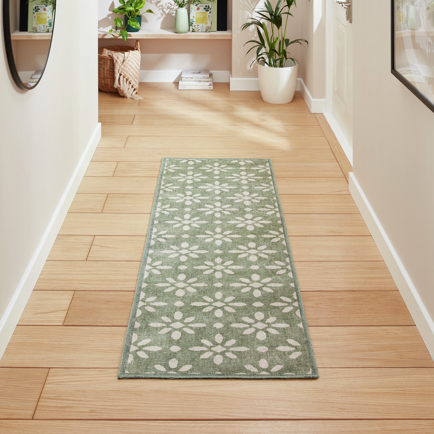 Think Rugs Coral Floral Green Flatweave Runner - 76x150cm
