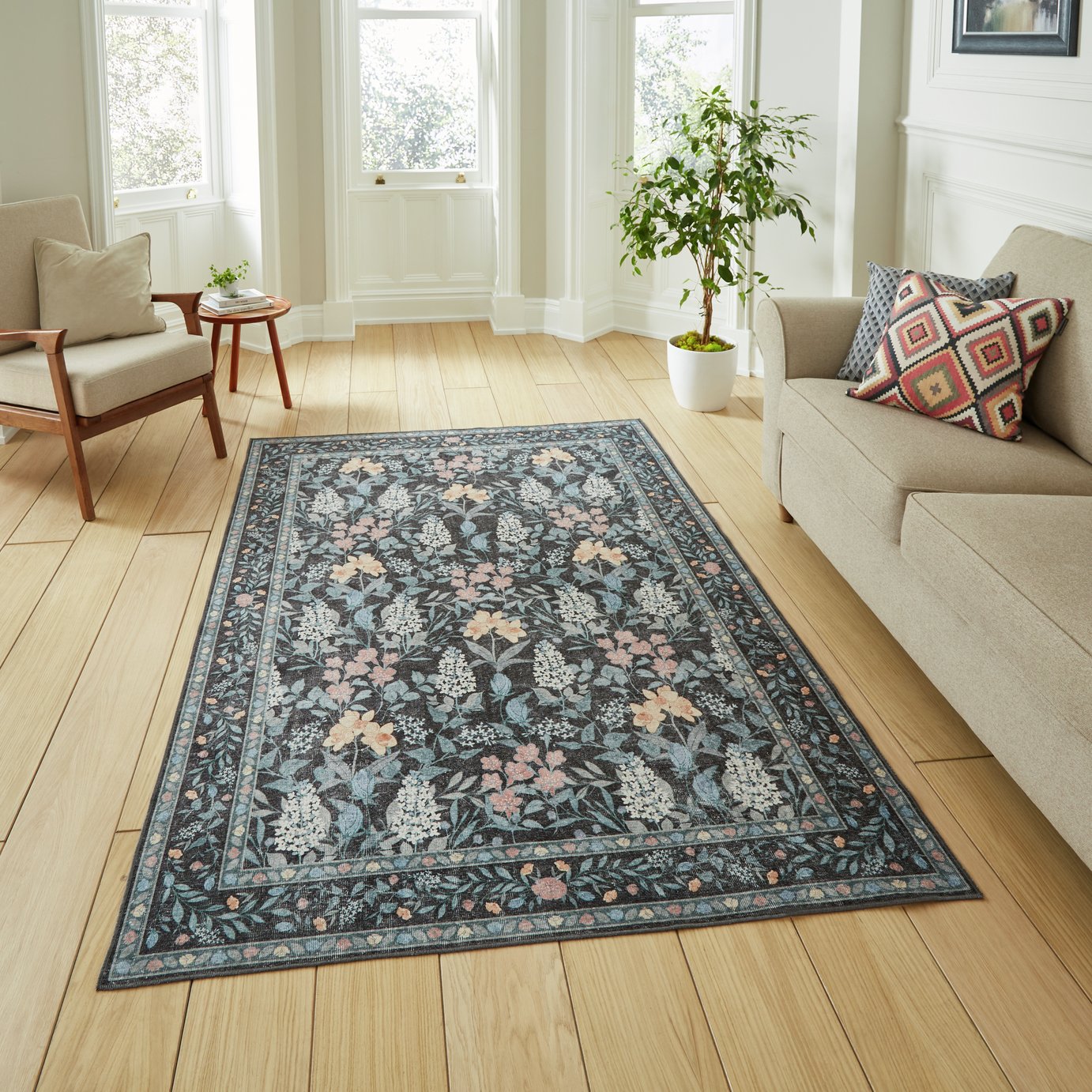 Think Rugs Versailles Floral Dark Blue Rug