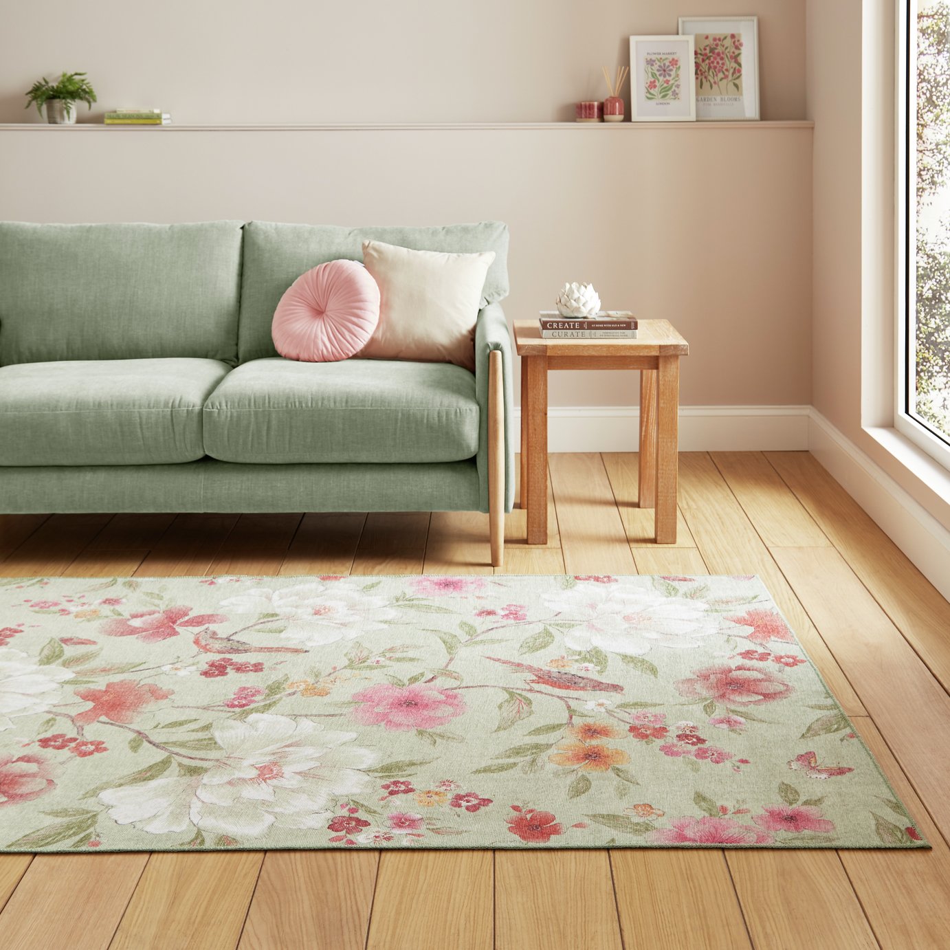 Catherine Lansfield Pippa Floral Green Flatweave Rug