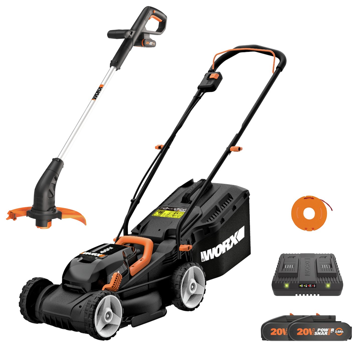 Worx Cordless 34cm Rotary Lawnmower and 25cm Grass Trimmer