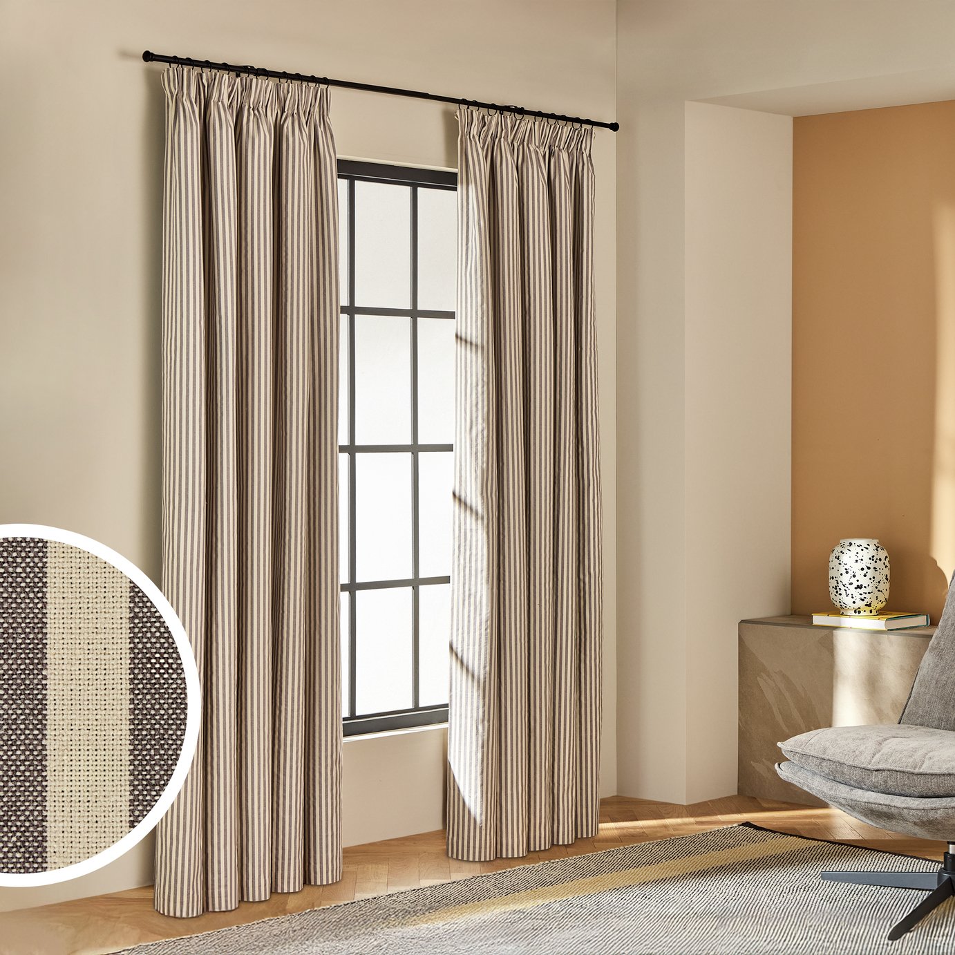 Habitat Blackout Stripe Pencil Pleat Curtains - Charcoal