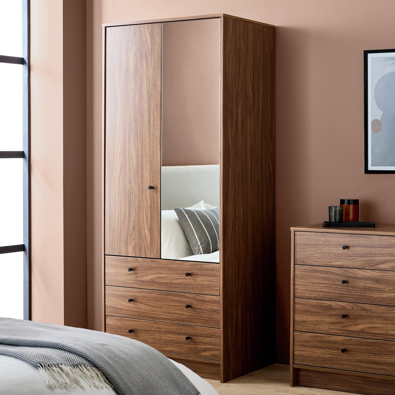 Argos Home Malibu 2 Door 3 Drawer Mirror Wardrobe - Walnut