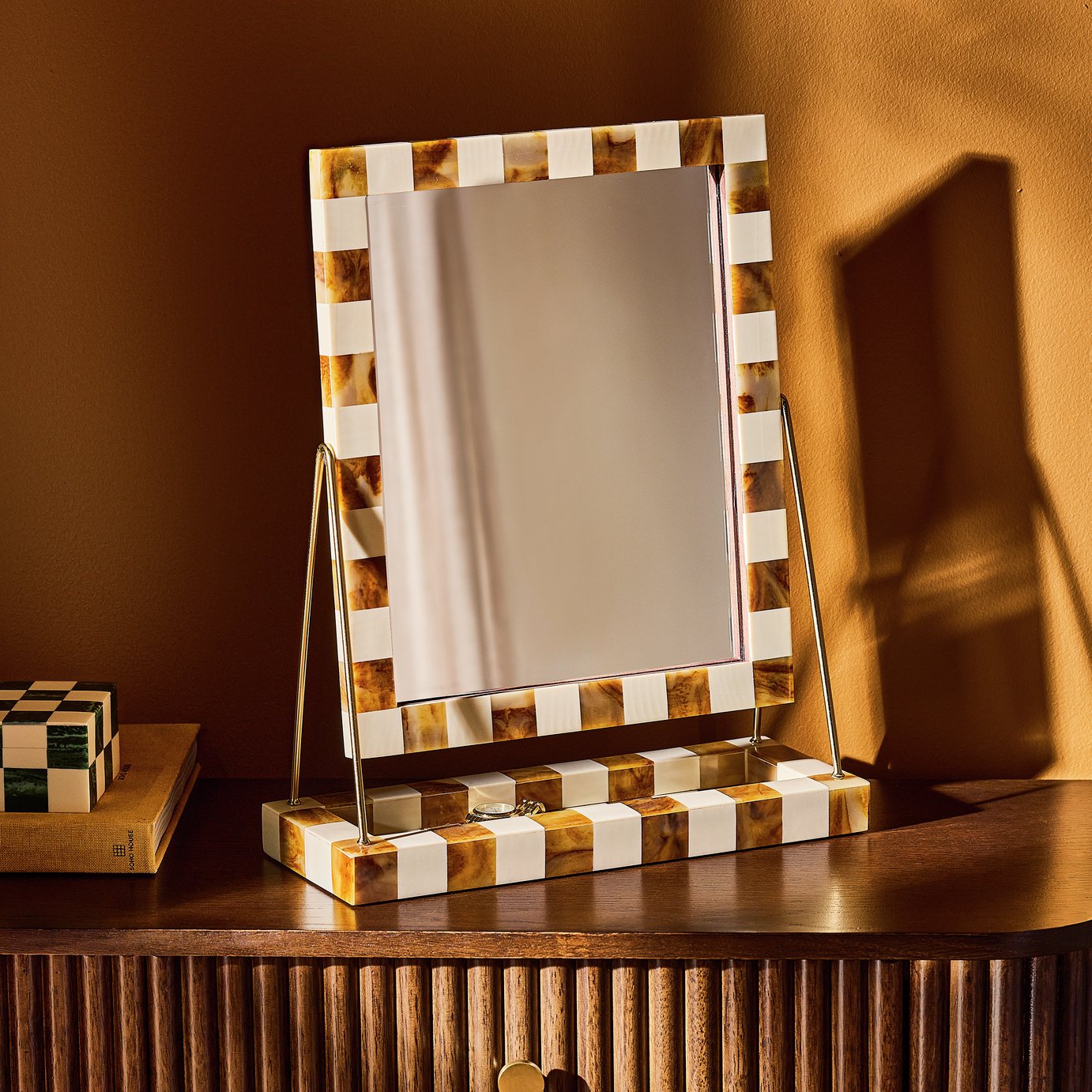 Habitat Checkered Brown & Cream Resin Dressing Table Mirror - 41x33cm