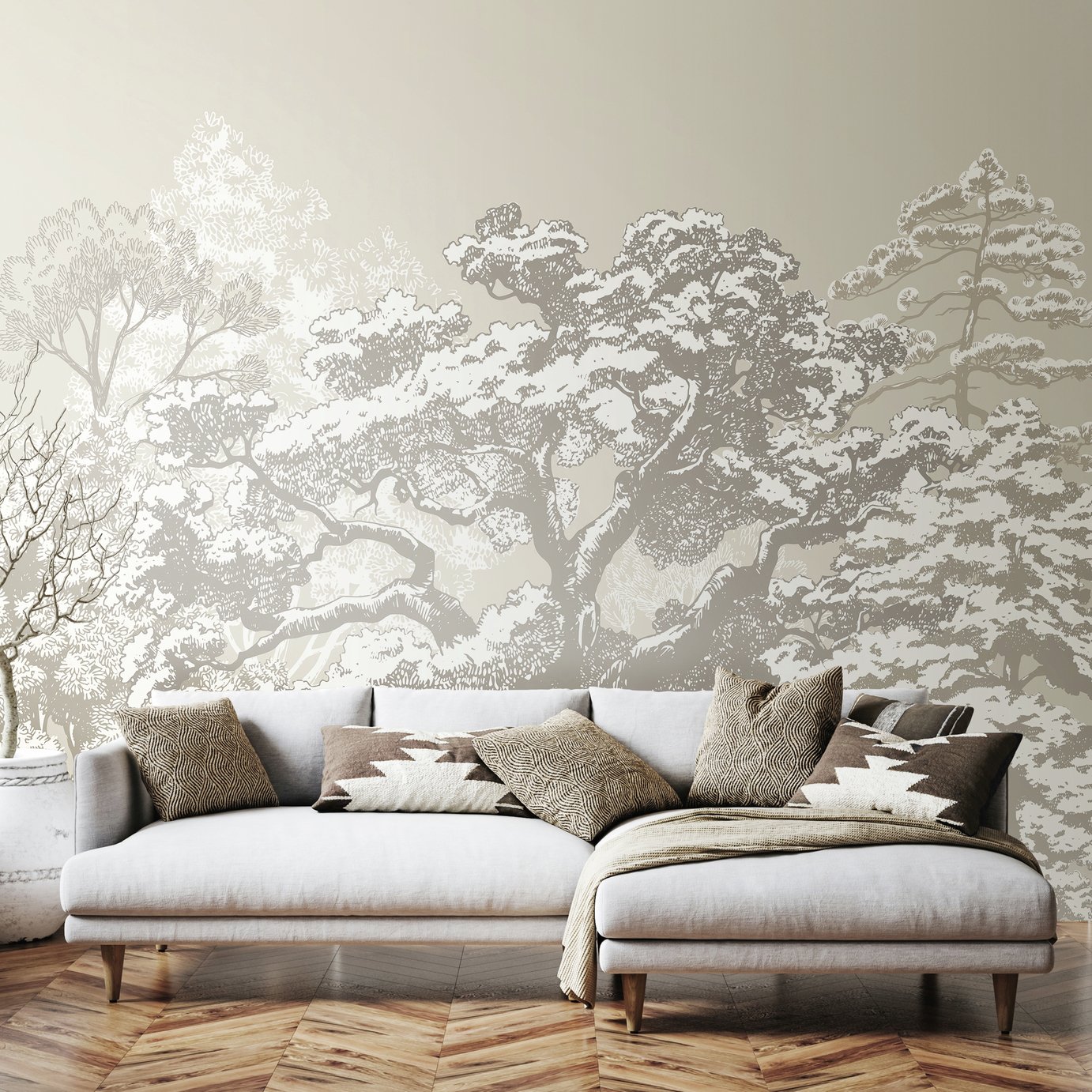 Origin Murals Etched Trees Charcoal and Stone Wall Mural