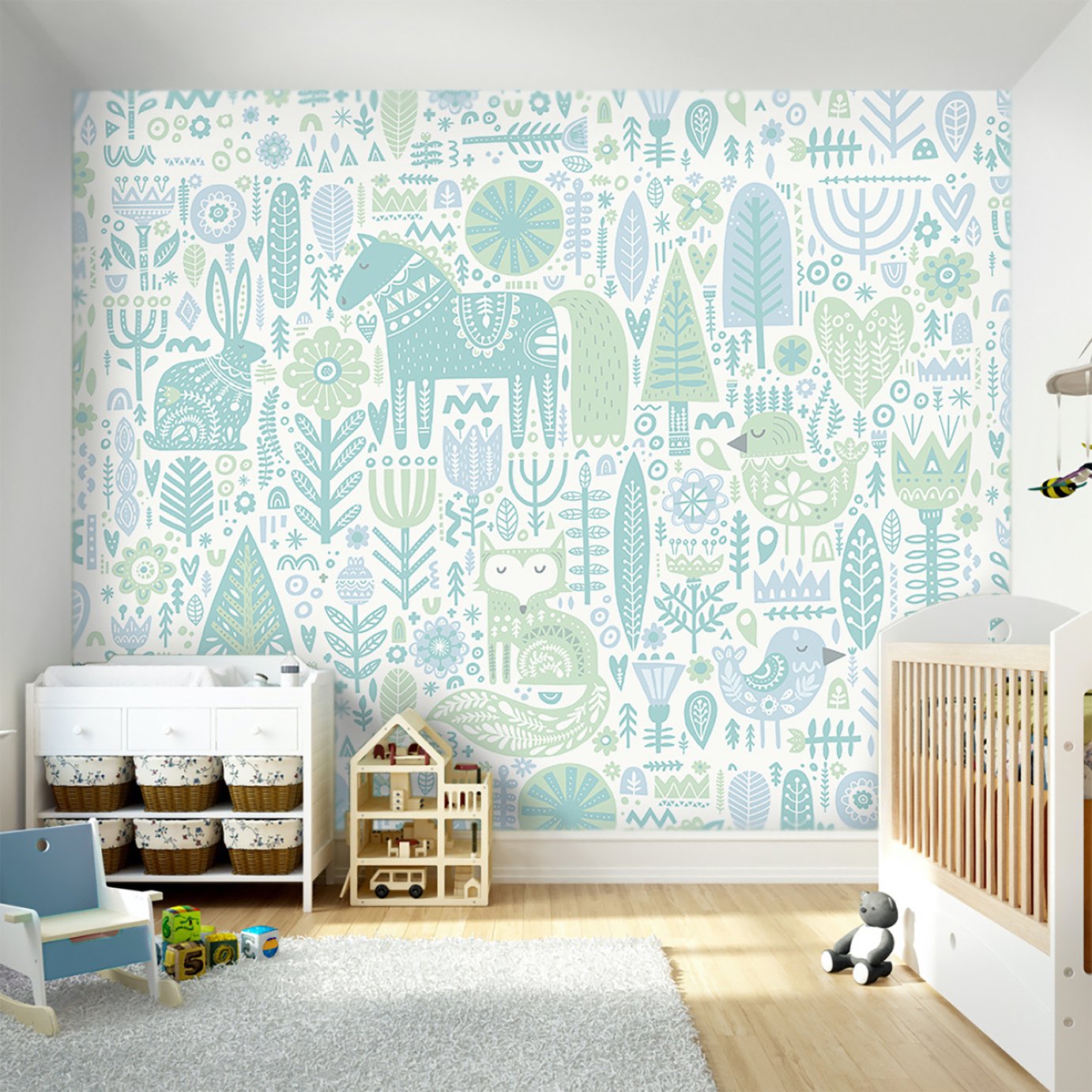 Origin Murals Scandi Forest Animal Teal Blue Wall Mural