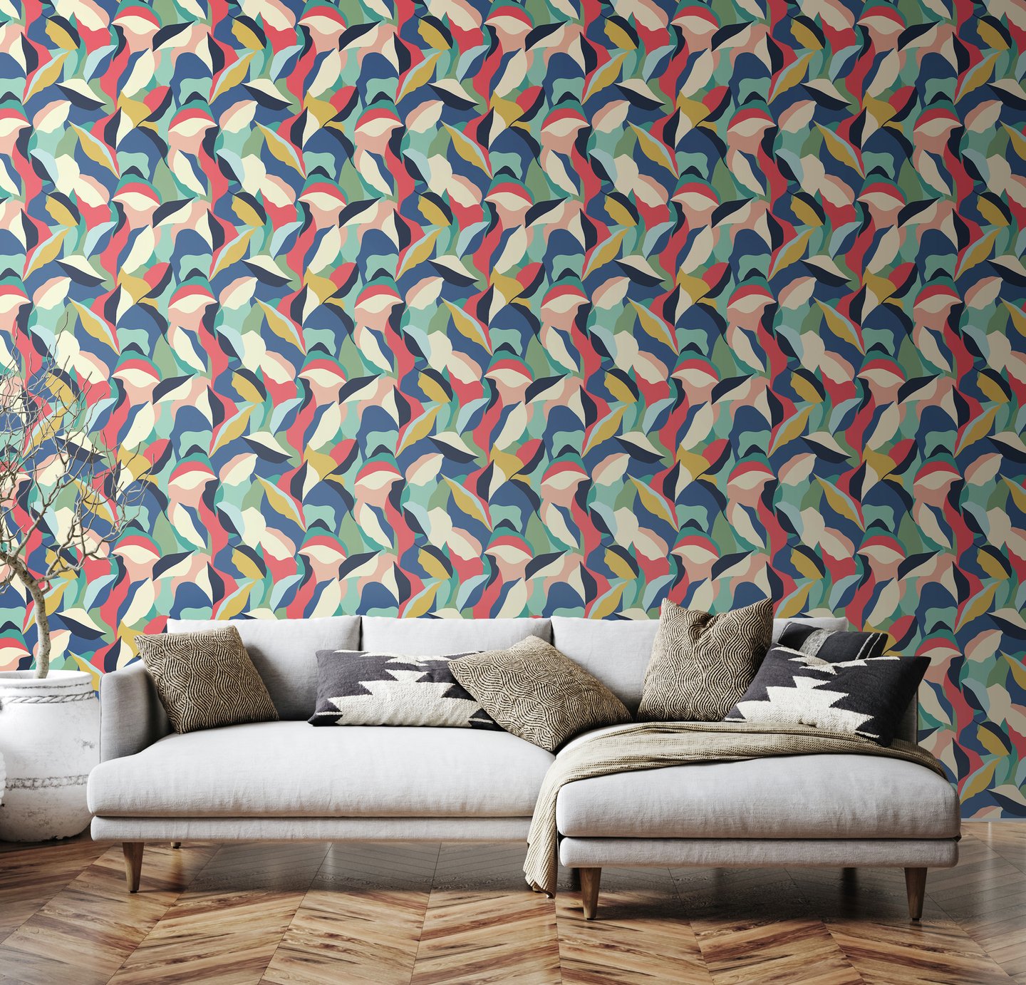 Hoopla Walls Leafy Patchwork Navy Twist Wallpaper