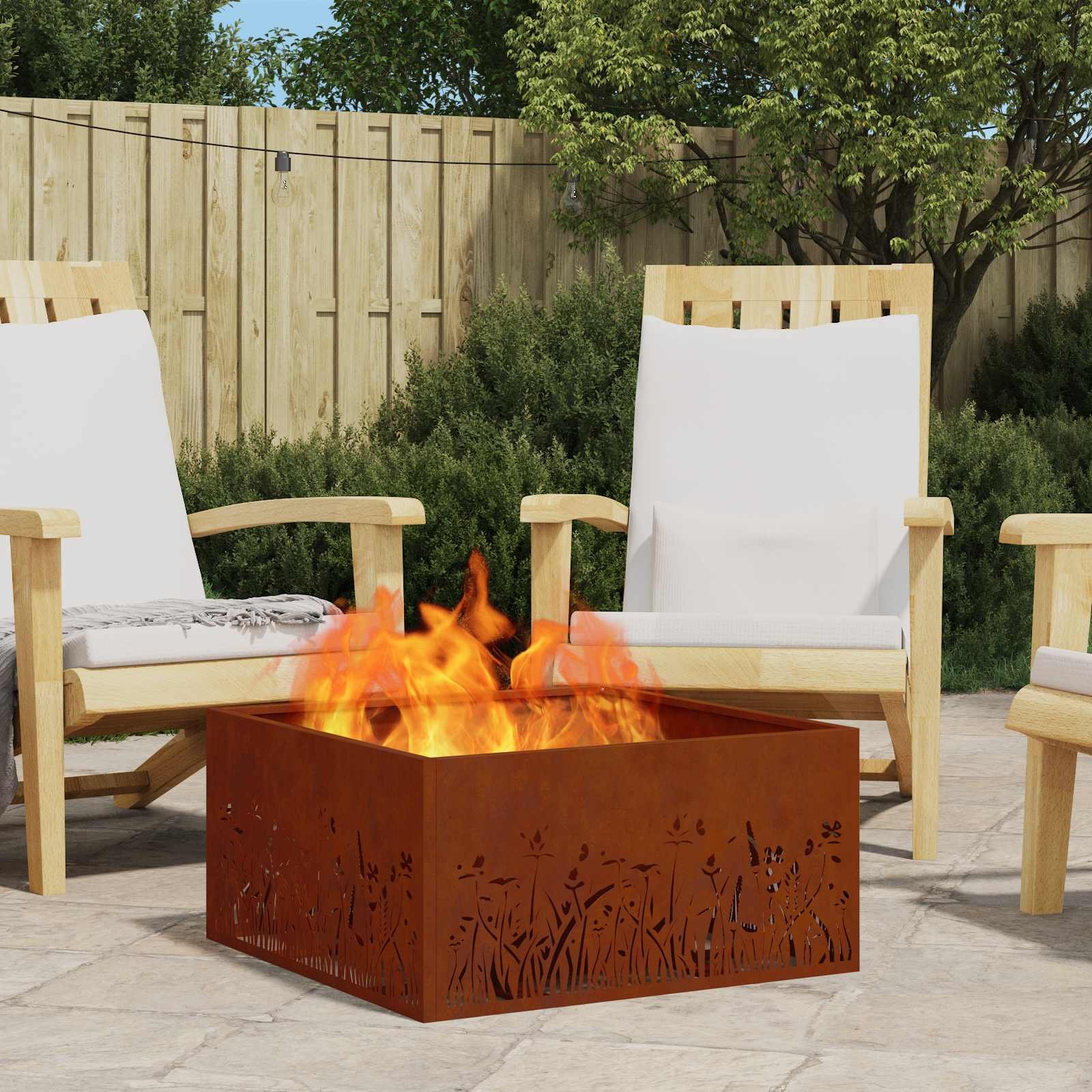 Walplus Floral Patterned Steel Fire Pit Weathering - Brown - 60 x 60 x 30 cm