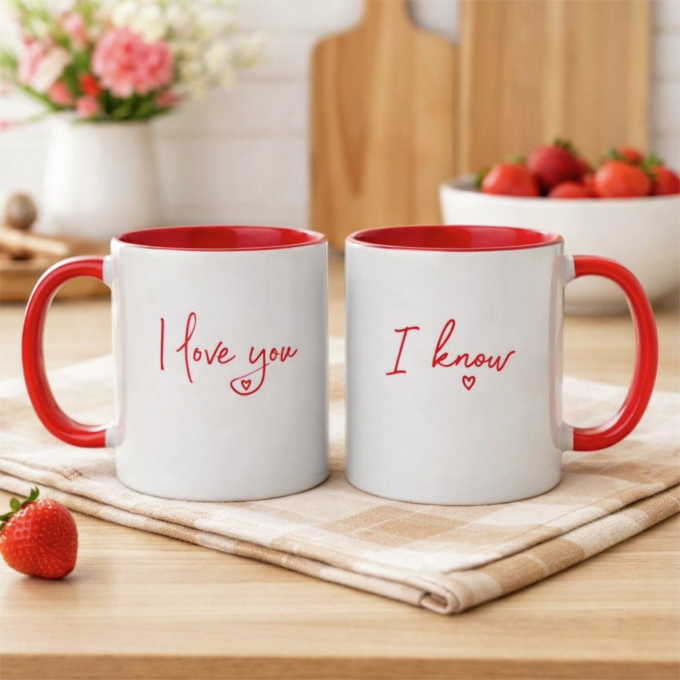 Widdop Pair Of Stoneware Red Handle Mugs- I Love You I Know