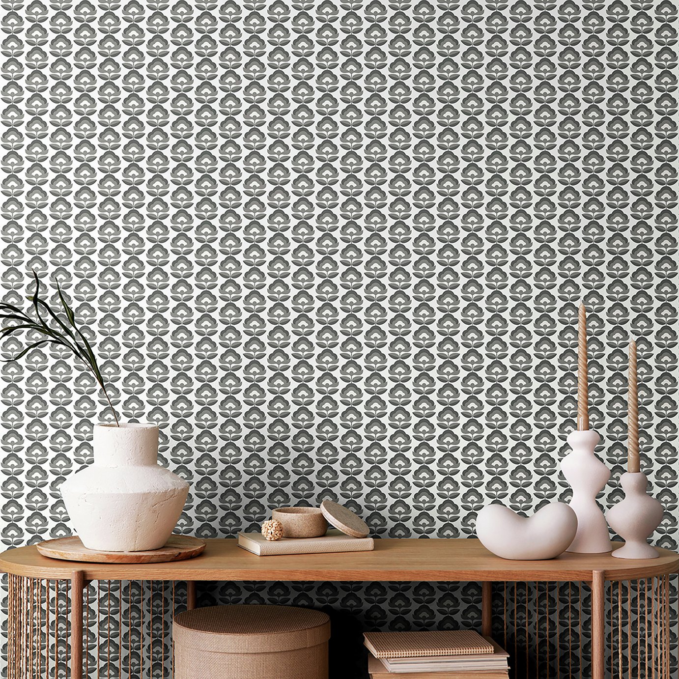 Hoopla Walls Retro Flower Charcoal Wallpaper