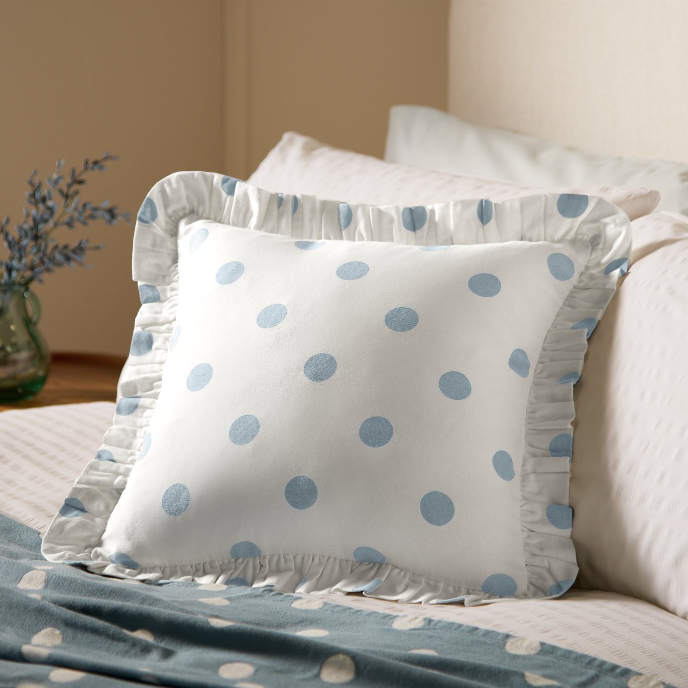 Argos Home Polka Dot Print Ruffle Cushion Blue - 43x43cm
