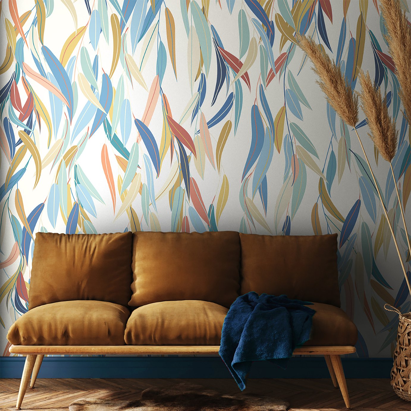 Origin Murals Willow Leave Denim Blue and Apricot Wall Mural