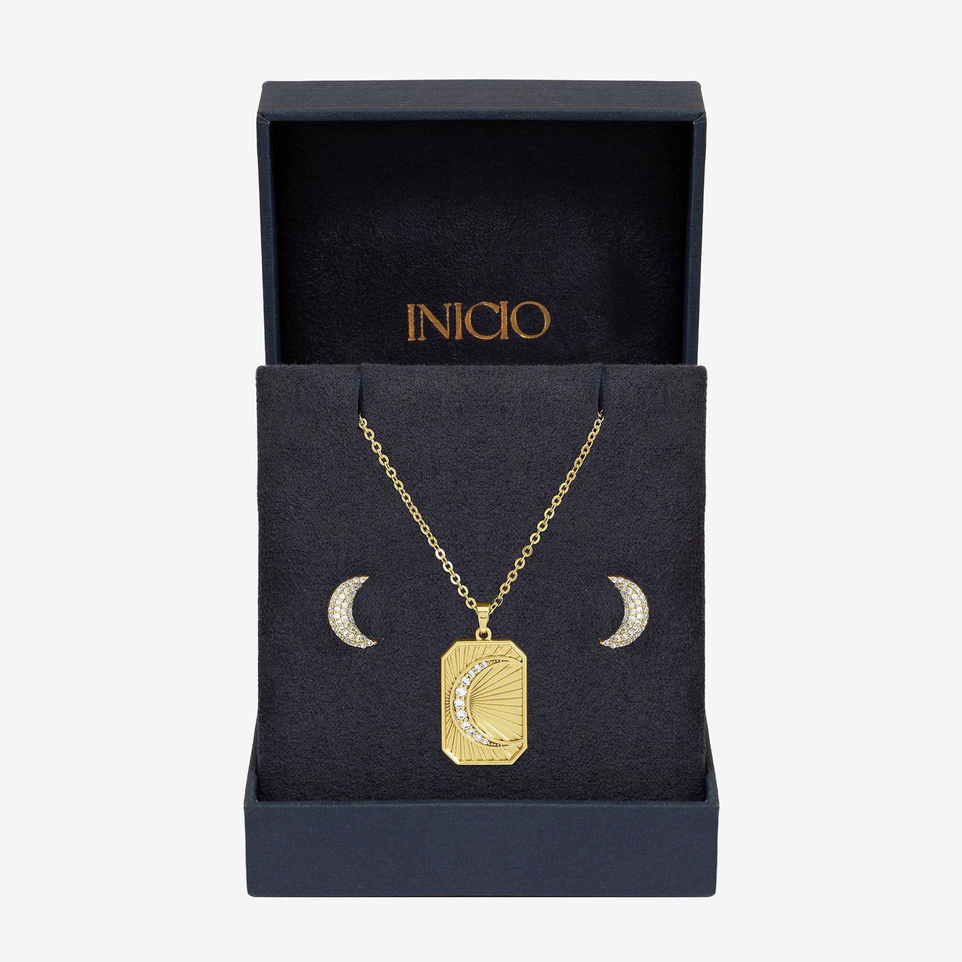 Inicio Gold Plated Pave Moon Pendant & Earrings Gift Set