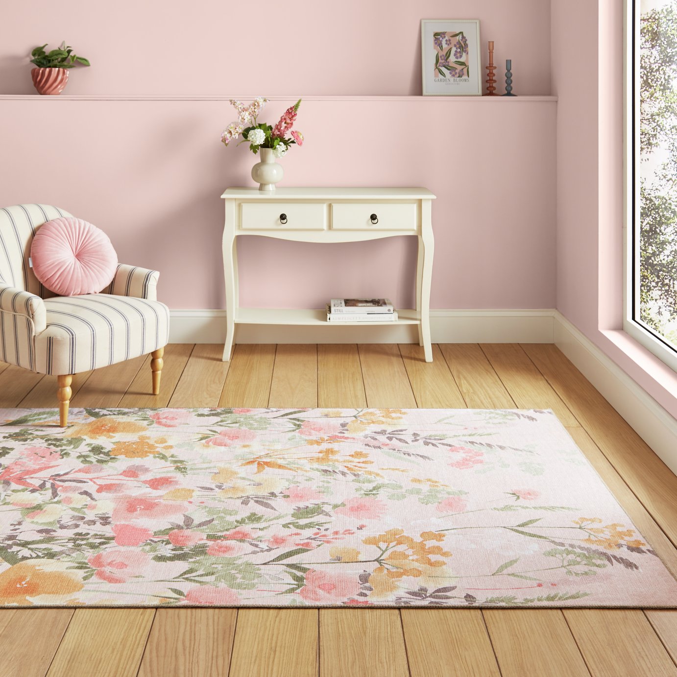 Catherine Lansfield Floral Pink Flatweave Rug
