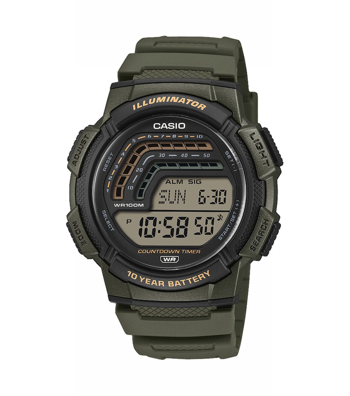 Casio Mens Black Dial Green Strap Digital Watch 